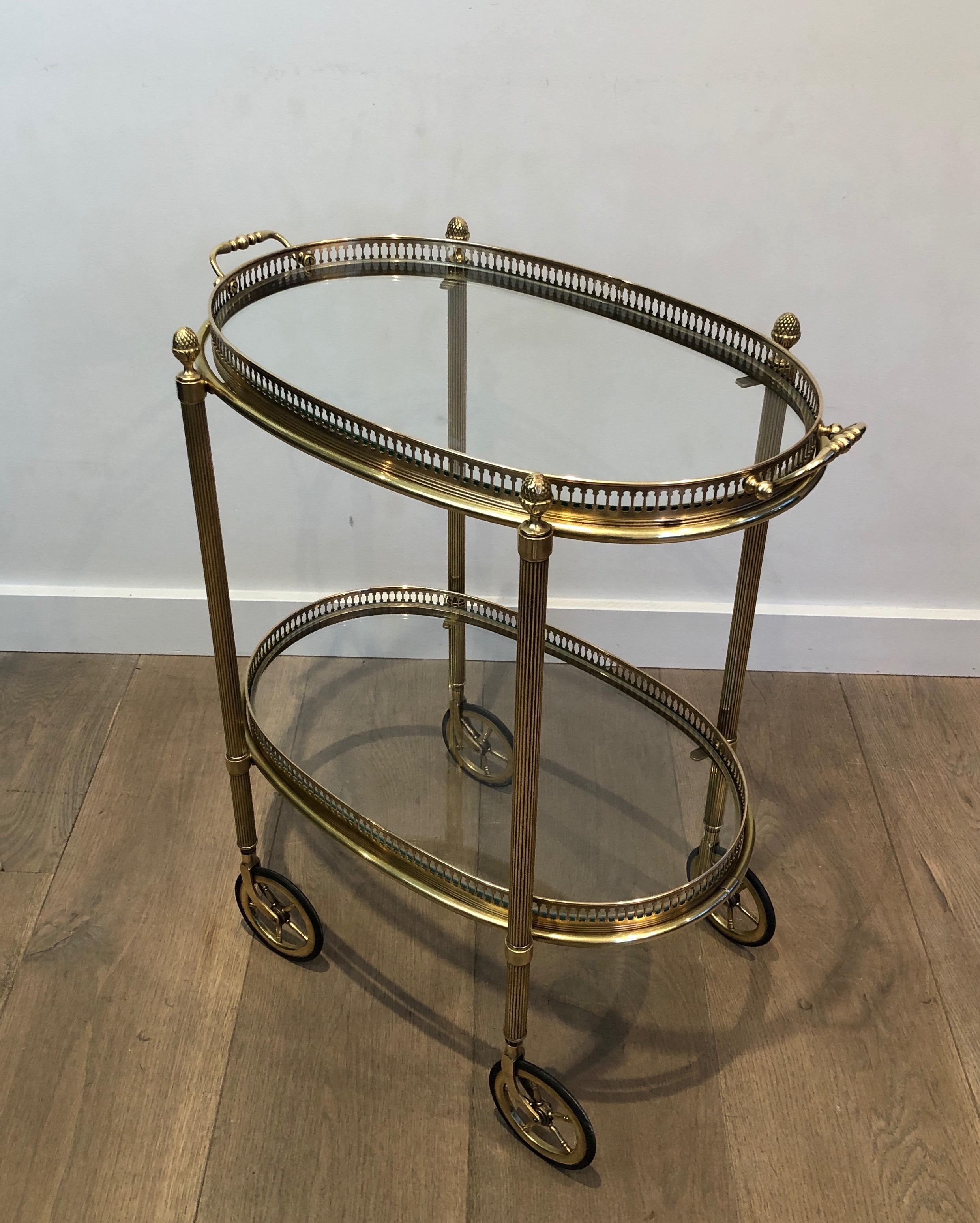 Maison Baguès, Small Neoclassical St. Oval Brass Bar Cart with 2 Removable Trays 10