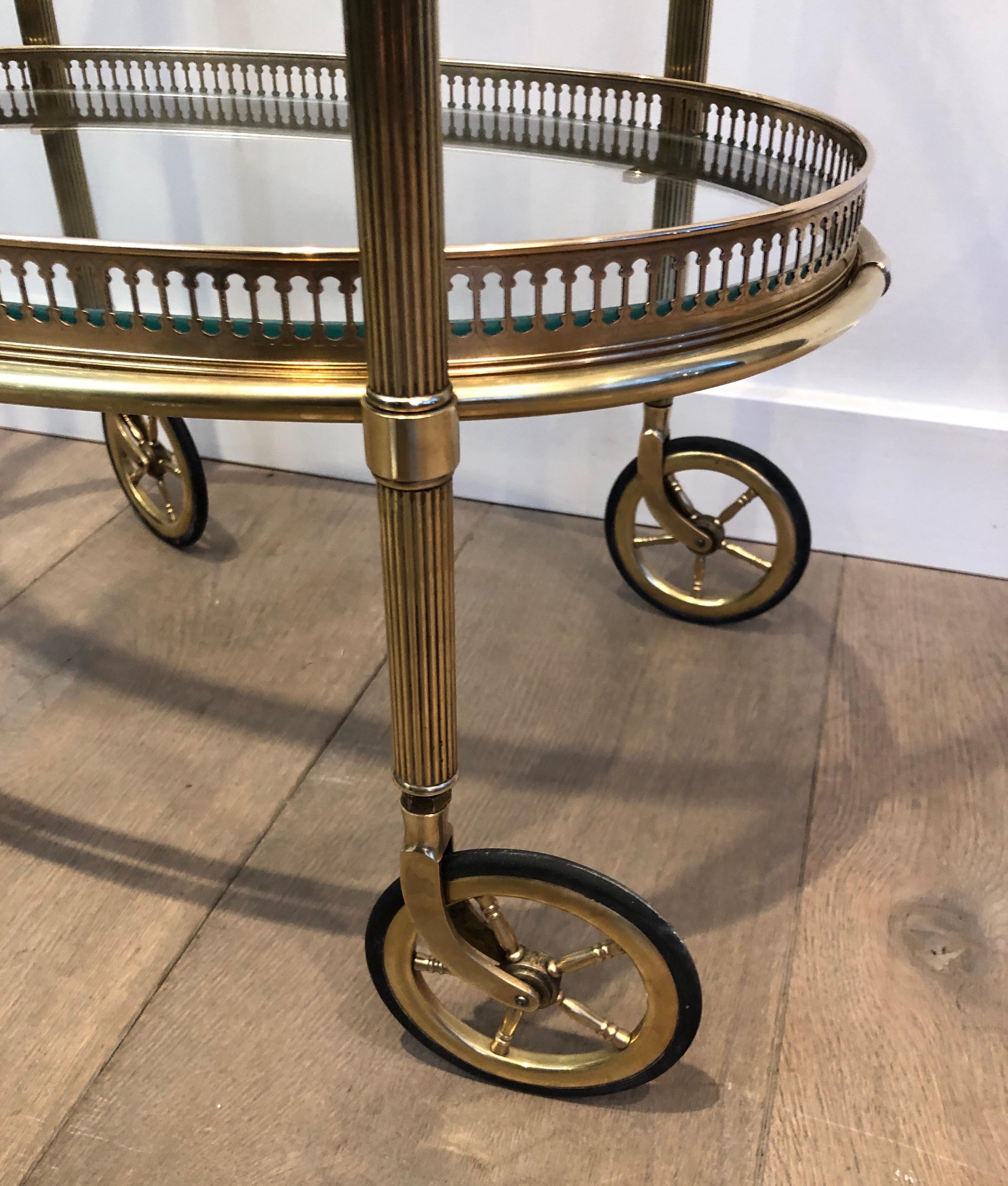 Maison Baguès, Small Neoclassical St. Oval Brass Bar Cart with 2 Removable Trays 12
