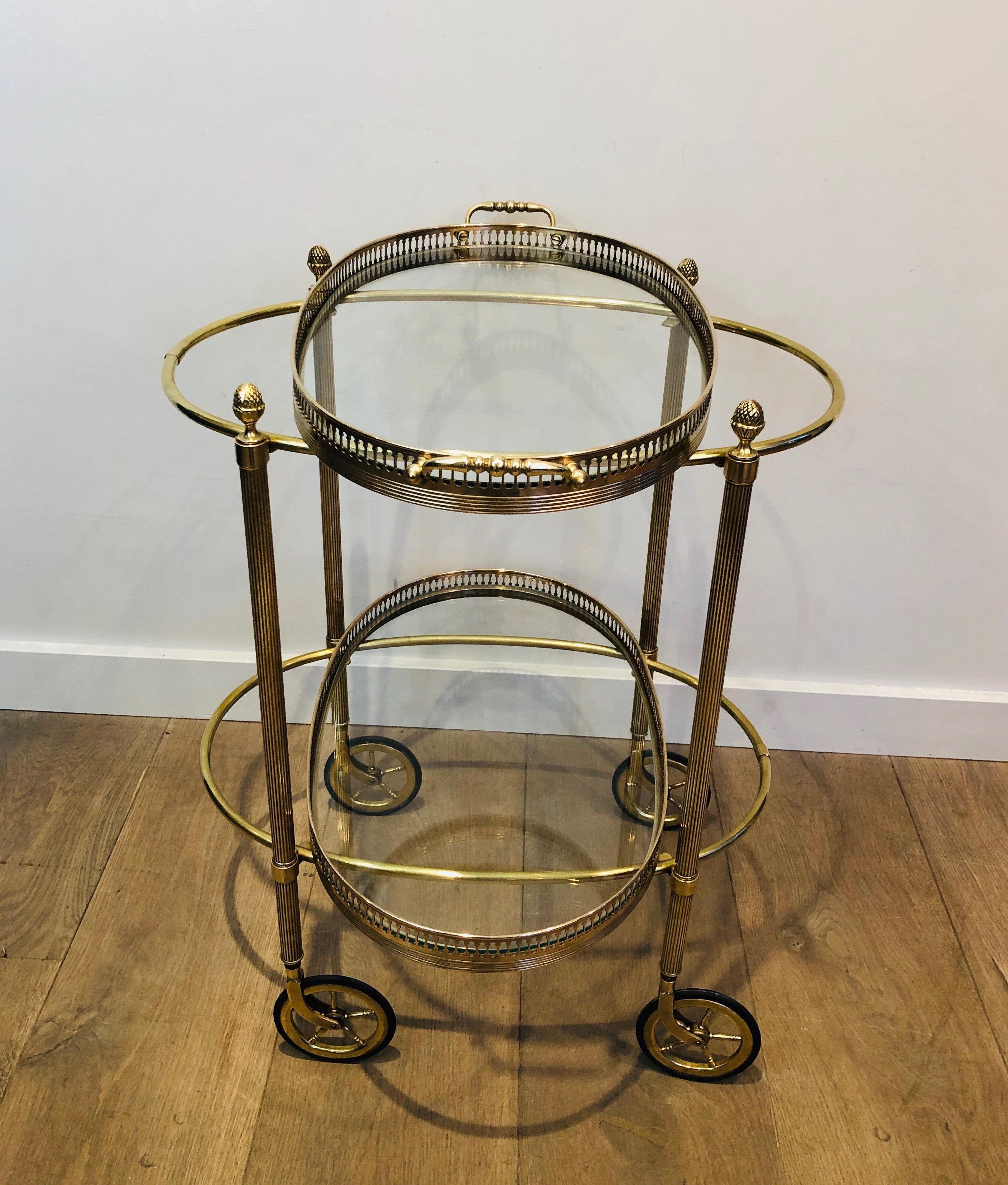 Maison Baguès, Small Neoclassical St. Oval Brass Bar Cart with 2 Removable Trays 14