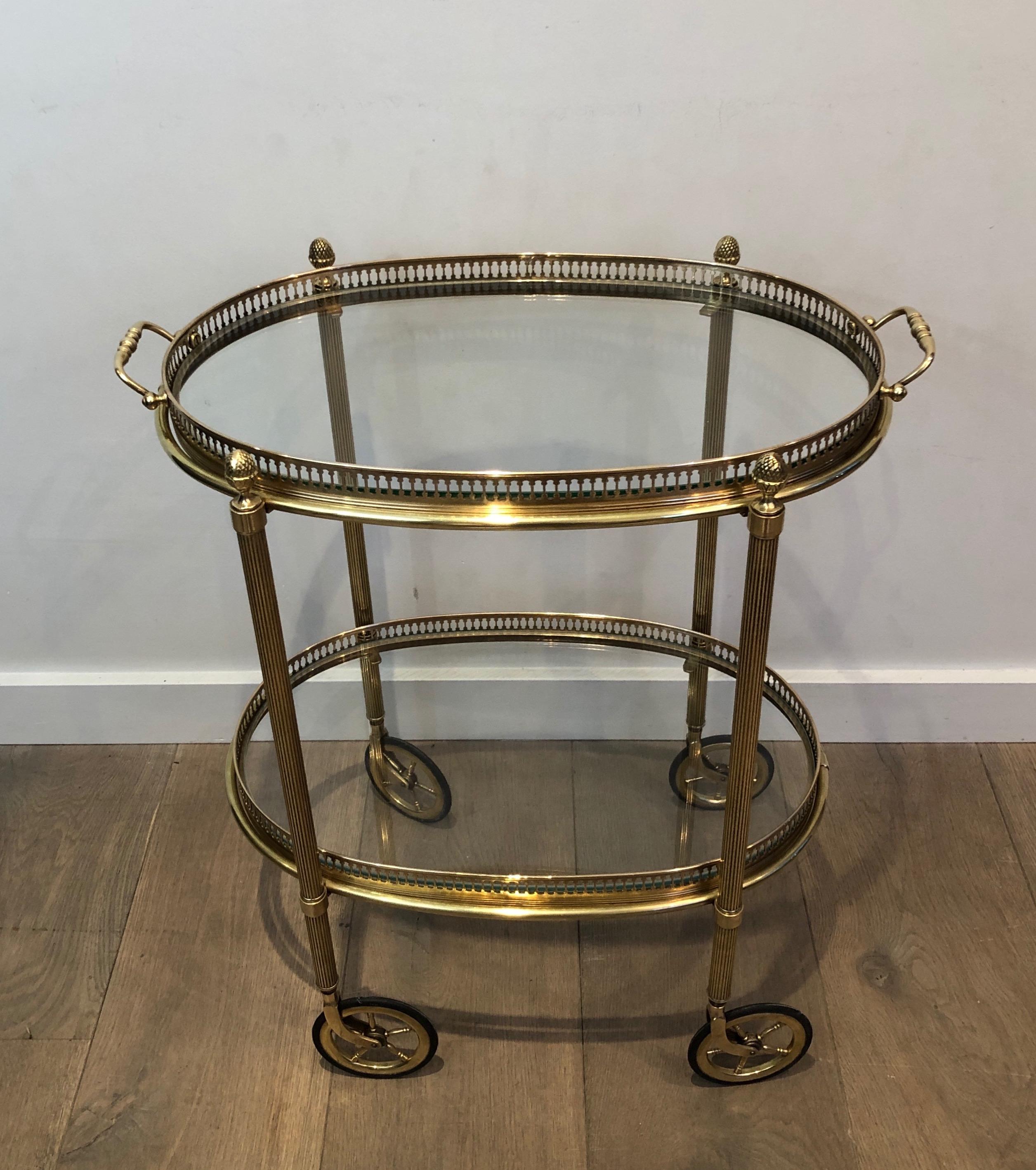 Maison Baguès, Small Neoclassical St. Oval Brass Bar Cart with 2 Removable Trays 15