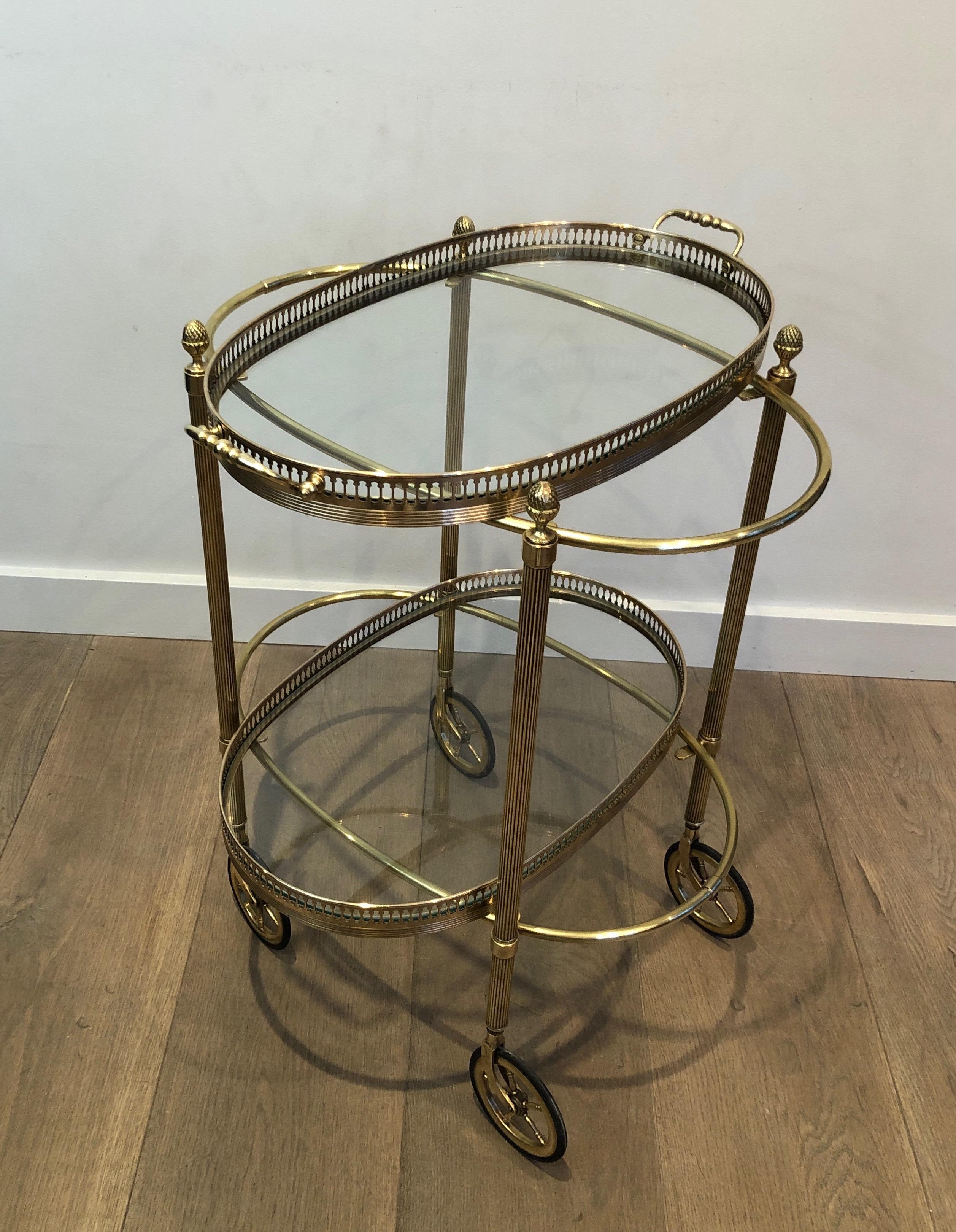 French Maison Baguès, Small Neoclassical St. Oval Brass Bar Cart with 2 Removable Trays