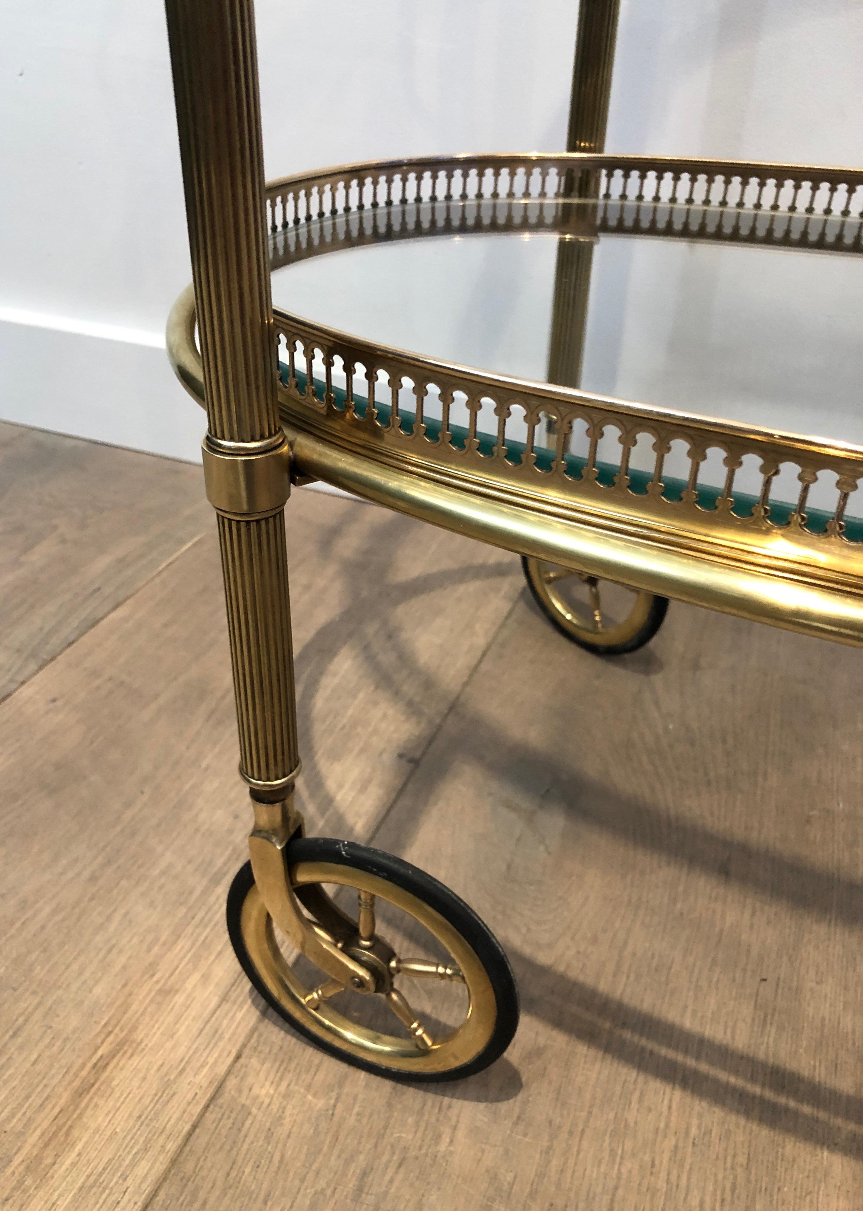 Maison Baguès, Small Neoclassical St. Oval Brass Bar Cart with 2 Removable Trays 3