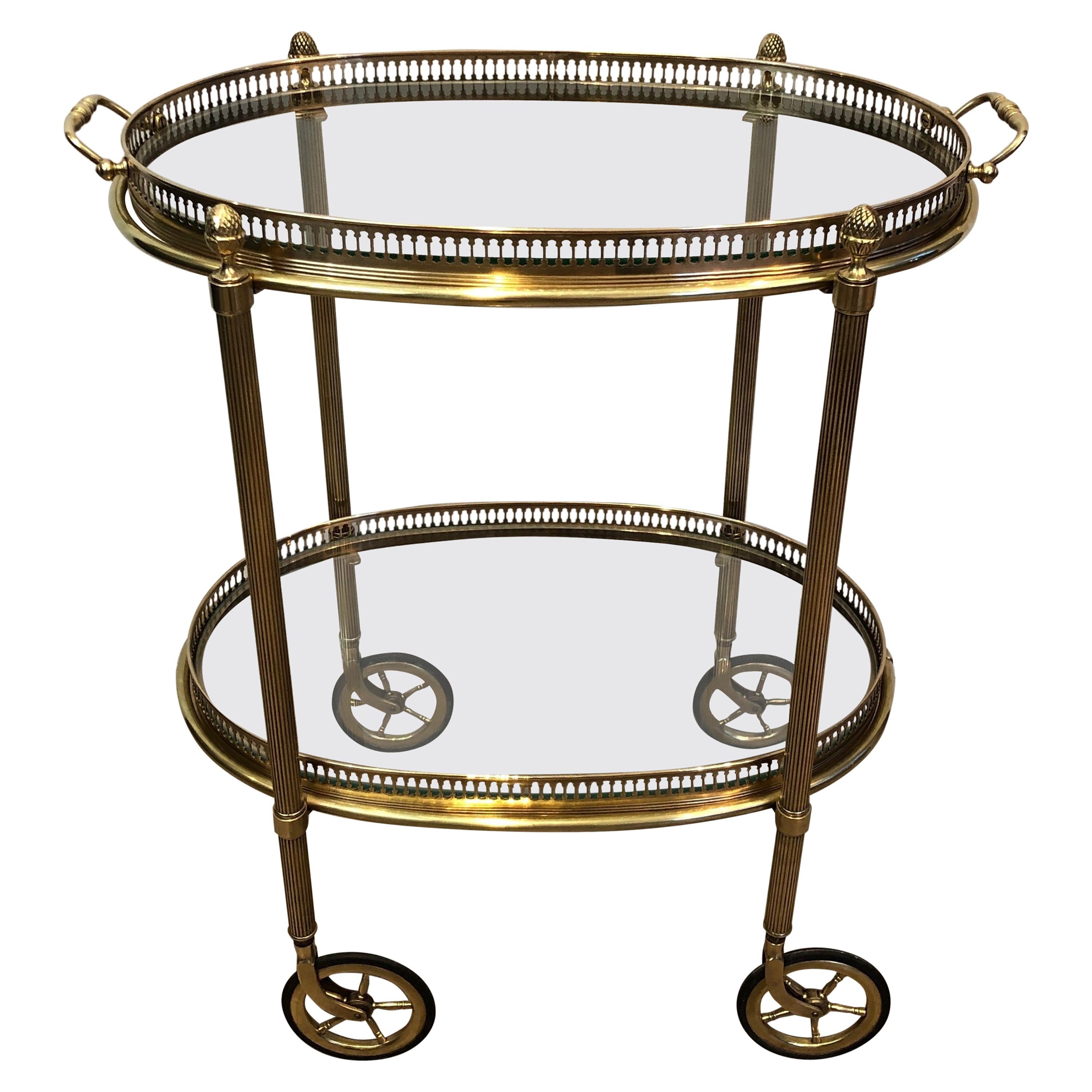 Maison Baguès, Small Neoclassical St. Oval Brass Bar Cart with 2 Removable Trays