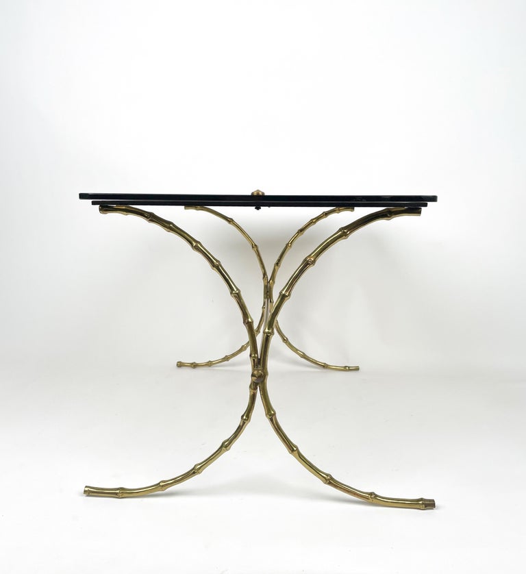 Maison Bagues Smoked Glass & Faux Bamboo Brass Coffee Table, France, 1970s For Sale 4