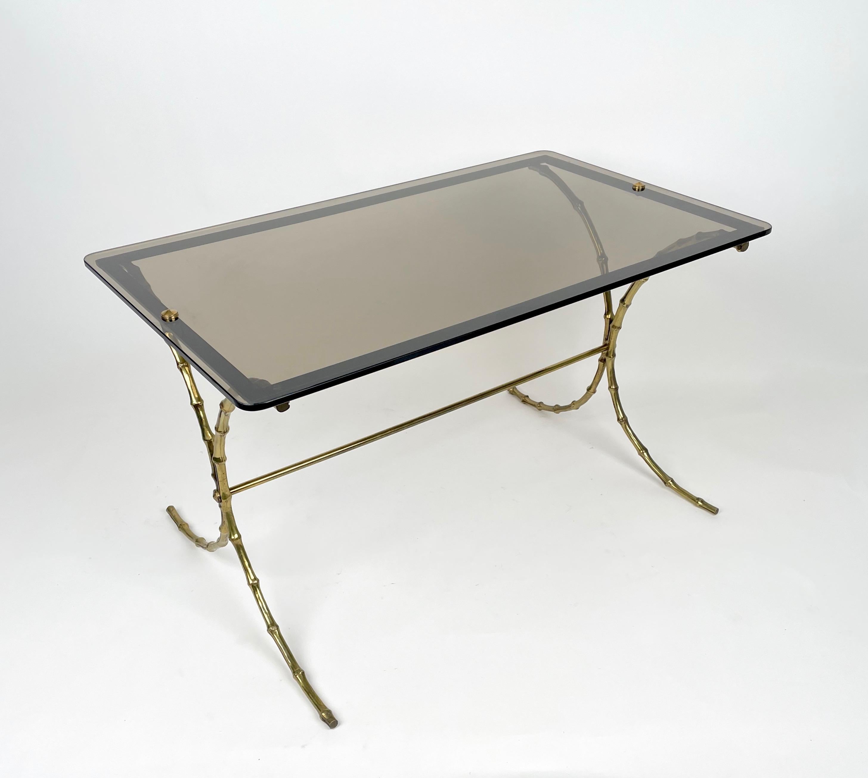 Maison Bagues Smoked Glass & Faux Bamboo Brass Coffee Table, France, 1970s For Sale 10