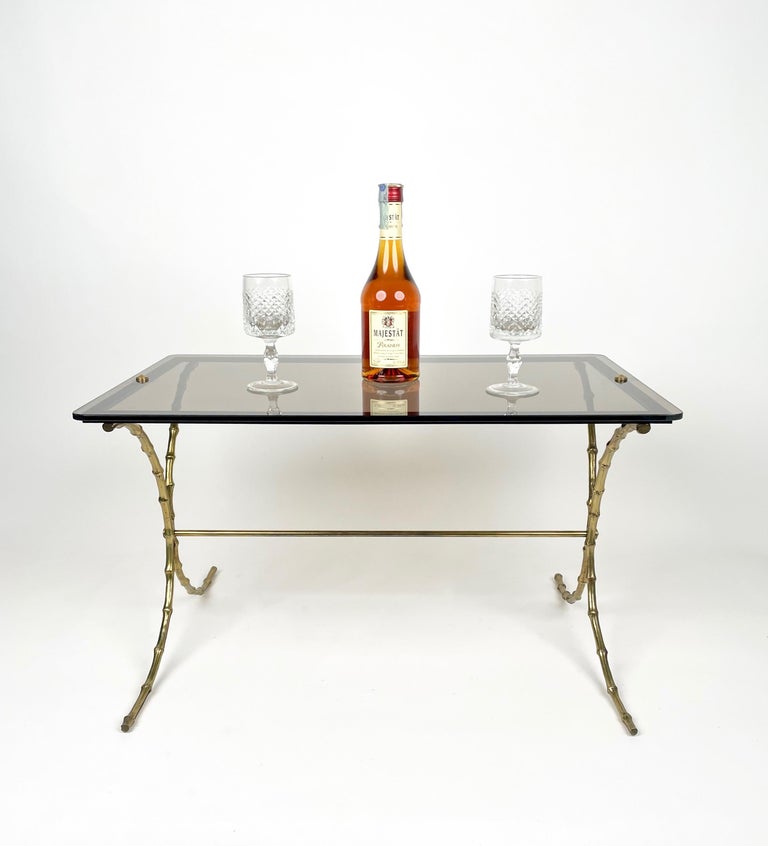 Maison Bagues Smoked Glass & Faux Bamboo Brass Coffee Table, France, 1970s For Sale 11