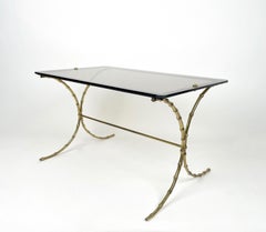 Maison Bagues Smoked Glass & Faux Bamboo Brass Coffee Table, France, 1970s