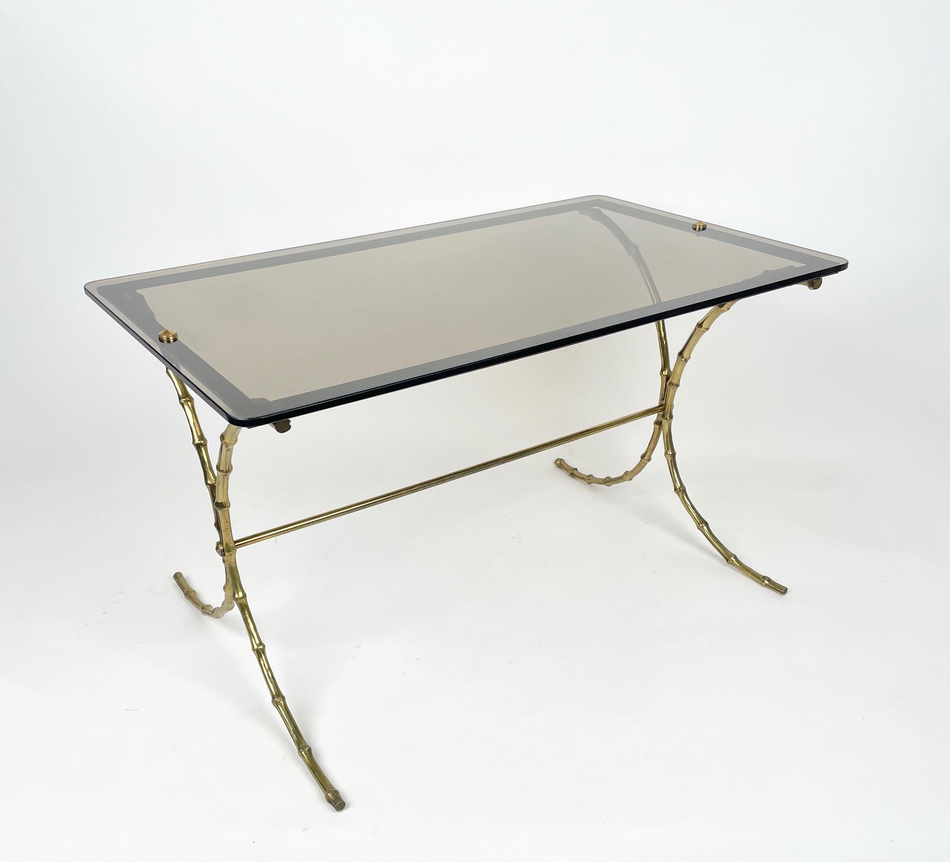 Mid-Century Modern Maison Bagues Smoked Glass & Faux Bamboo Brass Coffee Table, France, 1970s For Sale