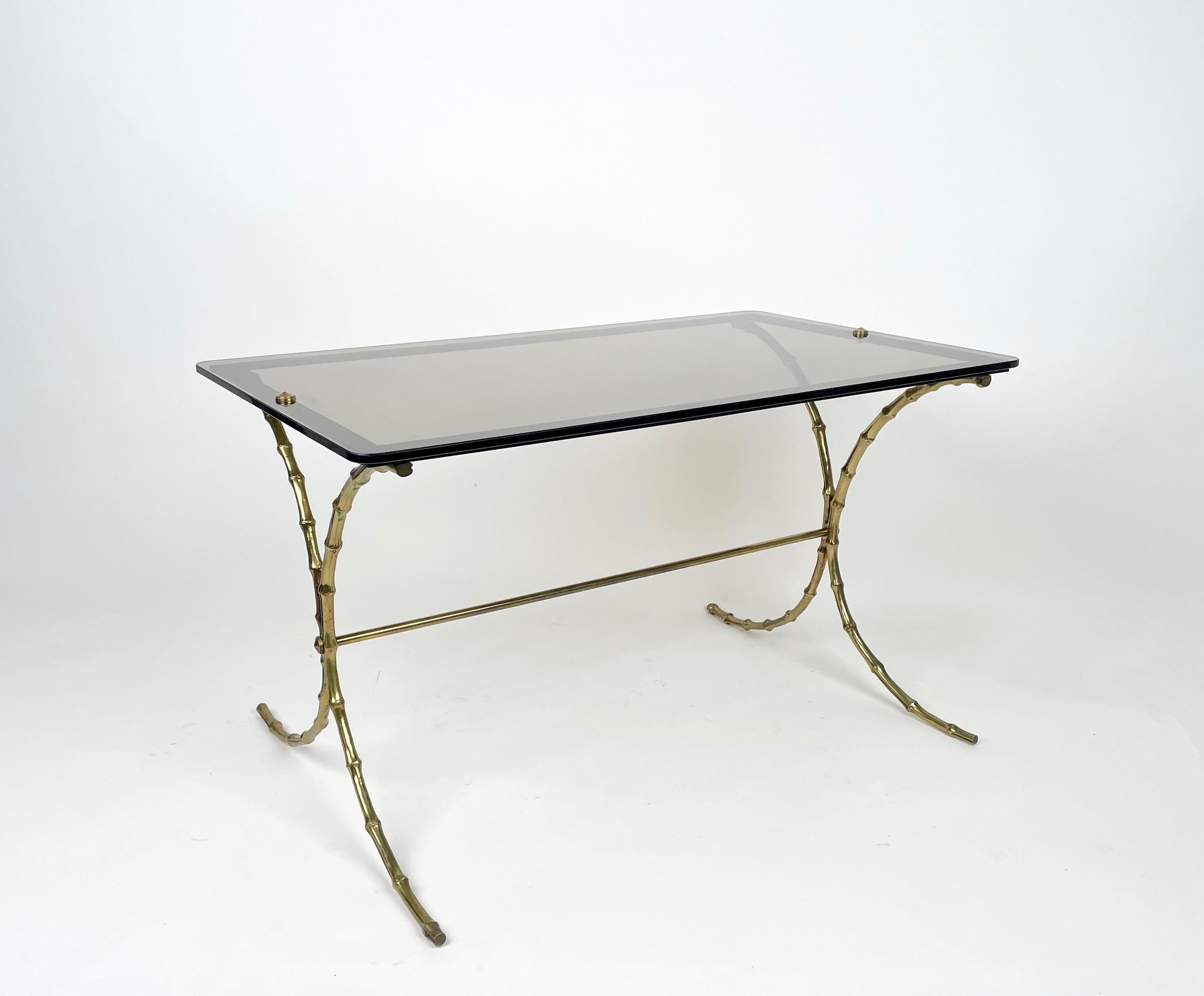 French Maison Bagues Smoked Glass & Faux Bamboo Brass Coffee Table, France, 1970s For Sale