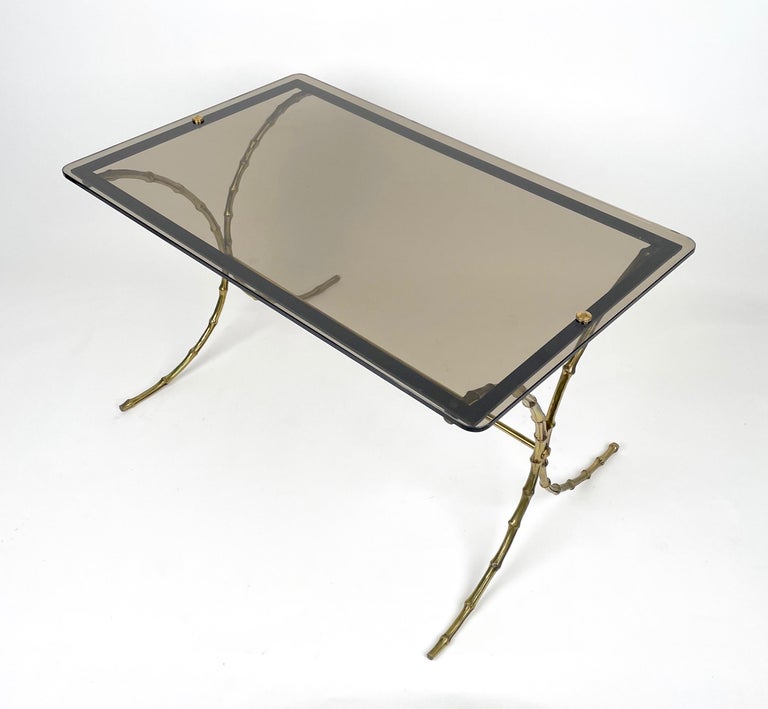 Maison Bagues Smoked Glass & Faux Bamboo Brass Coffee Table, France, 1970s In Good Condition For Sale In Rome, IT