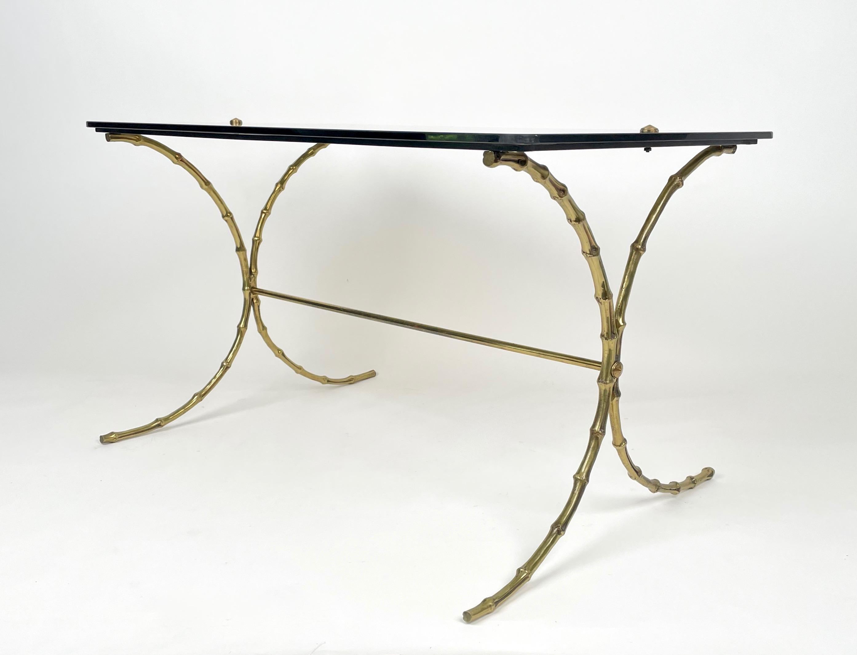 Late 20th Century Maison Bagues Smoked Glass & Faux Bamboo Brass Coffee Table, France, 1970s For Sale