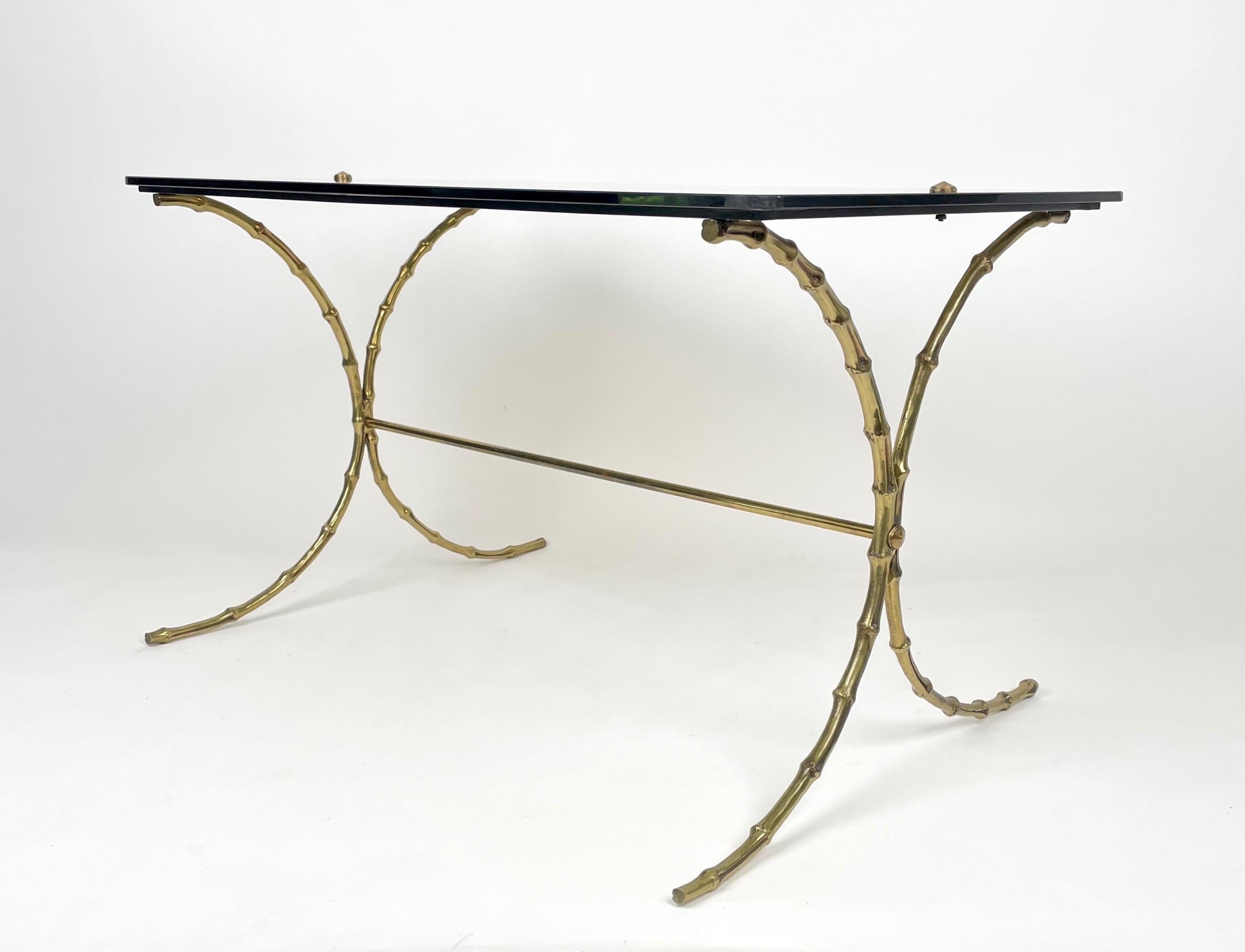 Late 20th Century Maison Bagues Smoked Glass & Faux Bamboo Brass Coffee Table, France, 1970s For Sale