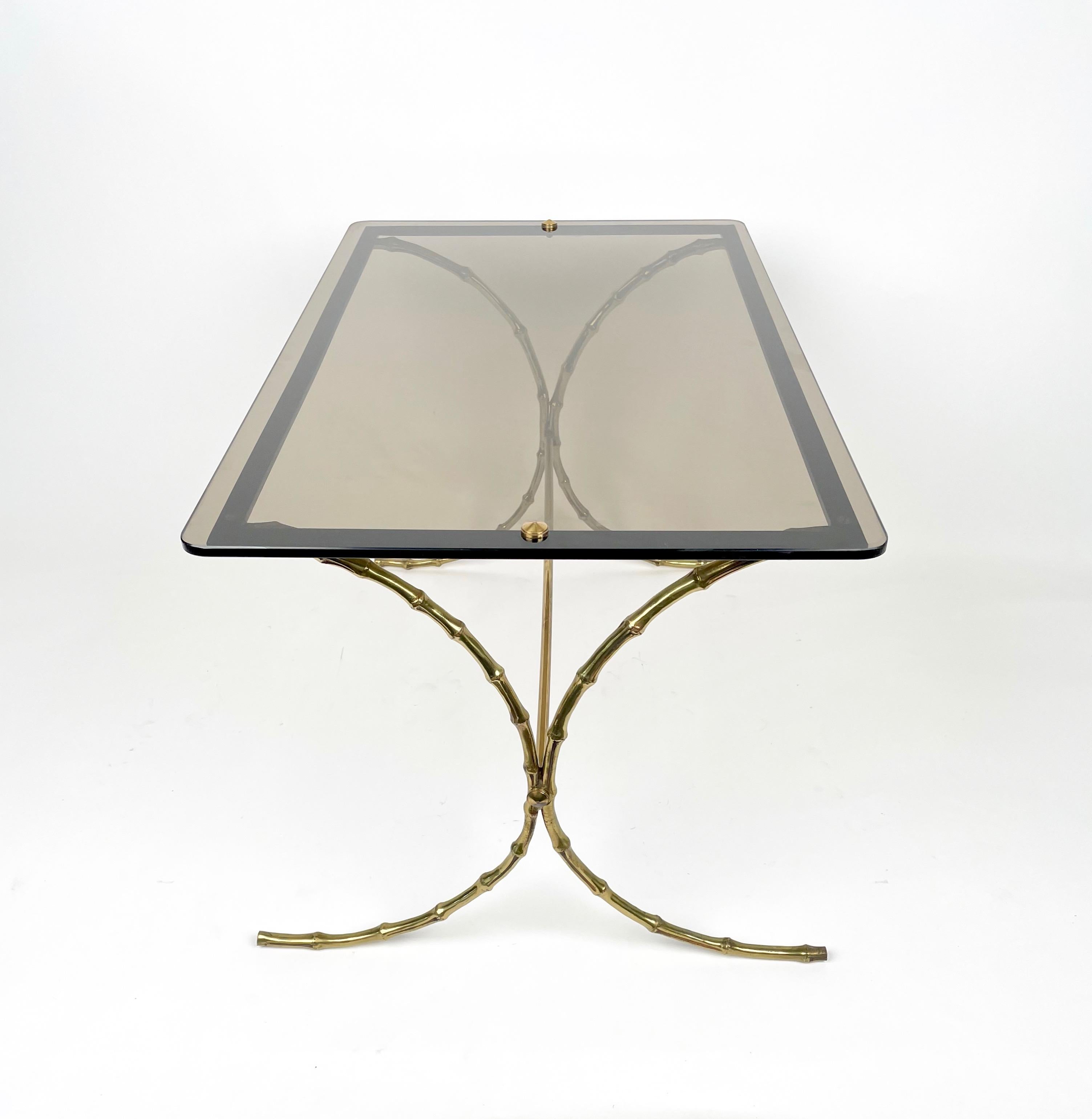 Maison Bagues Smoked Glass & Faux Bamboo Brass Coffee Table, France, 1970s For Sale 3