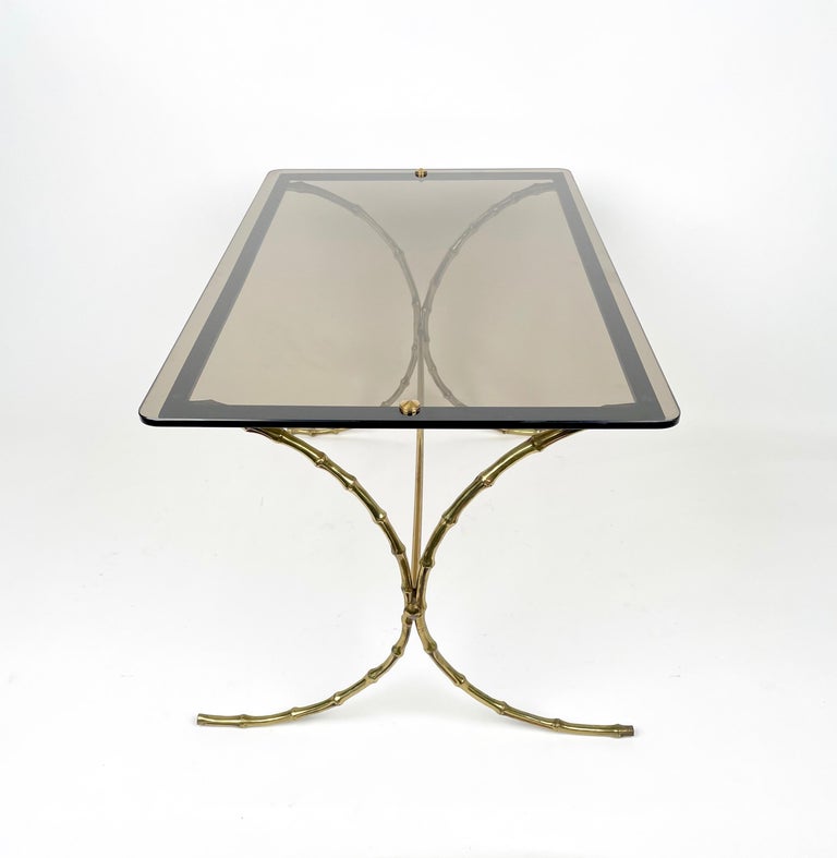 Maison Bagues Smoked Glass & Faux Bamboo Brass Coffee Table, France, 1970s For Sale 3