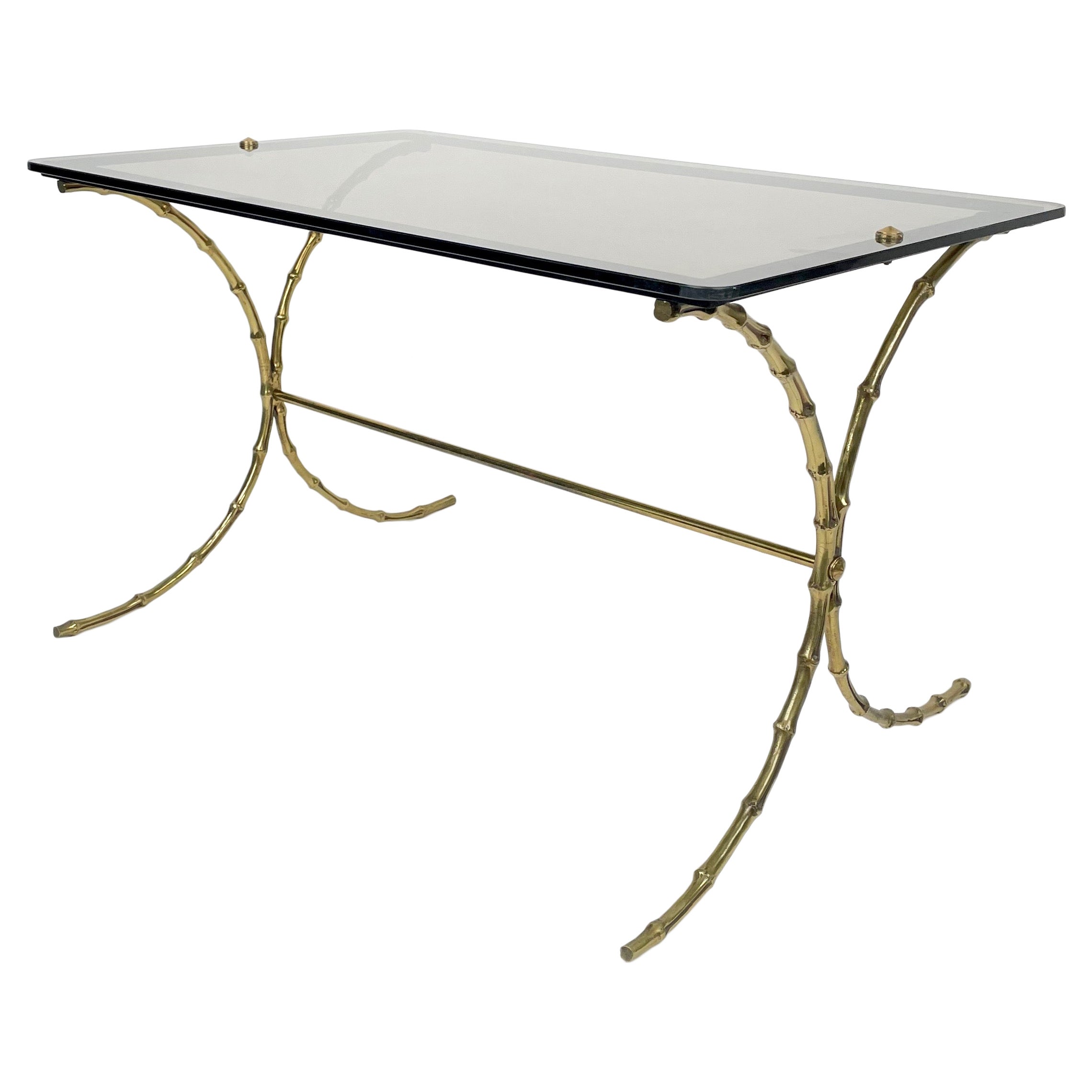Maison Bagues Smoked Glass & Faux Bamboo Brass Coffee Table, France, 1970s
