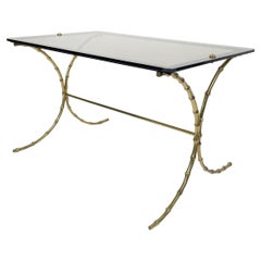 Maison Bagues Smoked Glass & Faux Bamboo Brass Coffee Table, France, 1970s