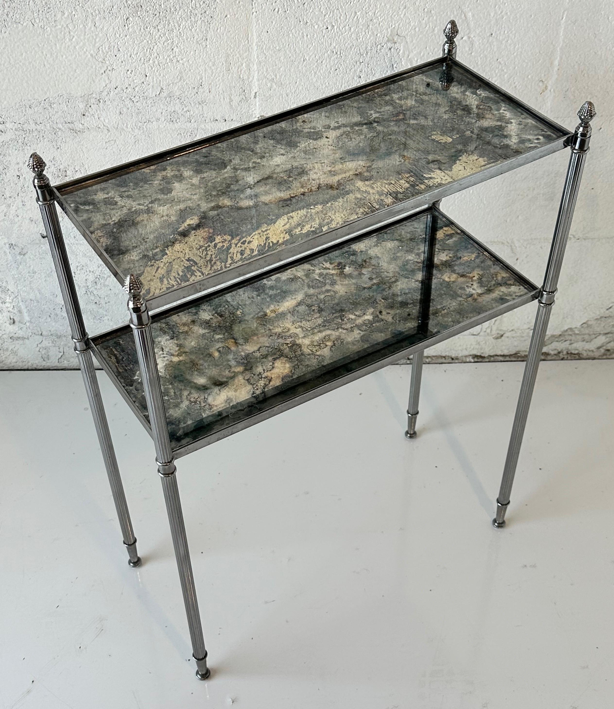 2 Tiers Side Table in the style of Maison Bagues in nickel plated brass and antique finish mirror.