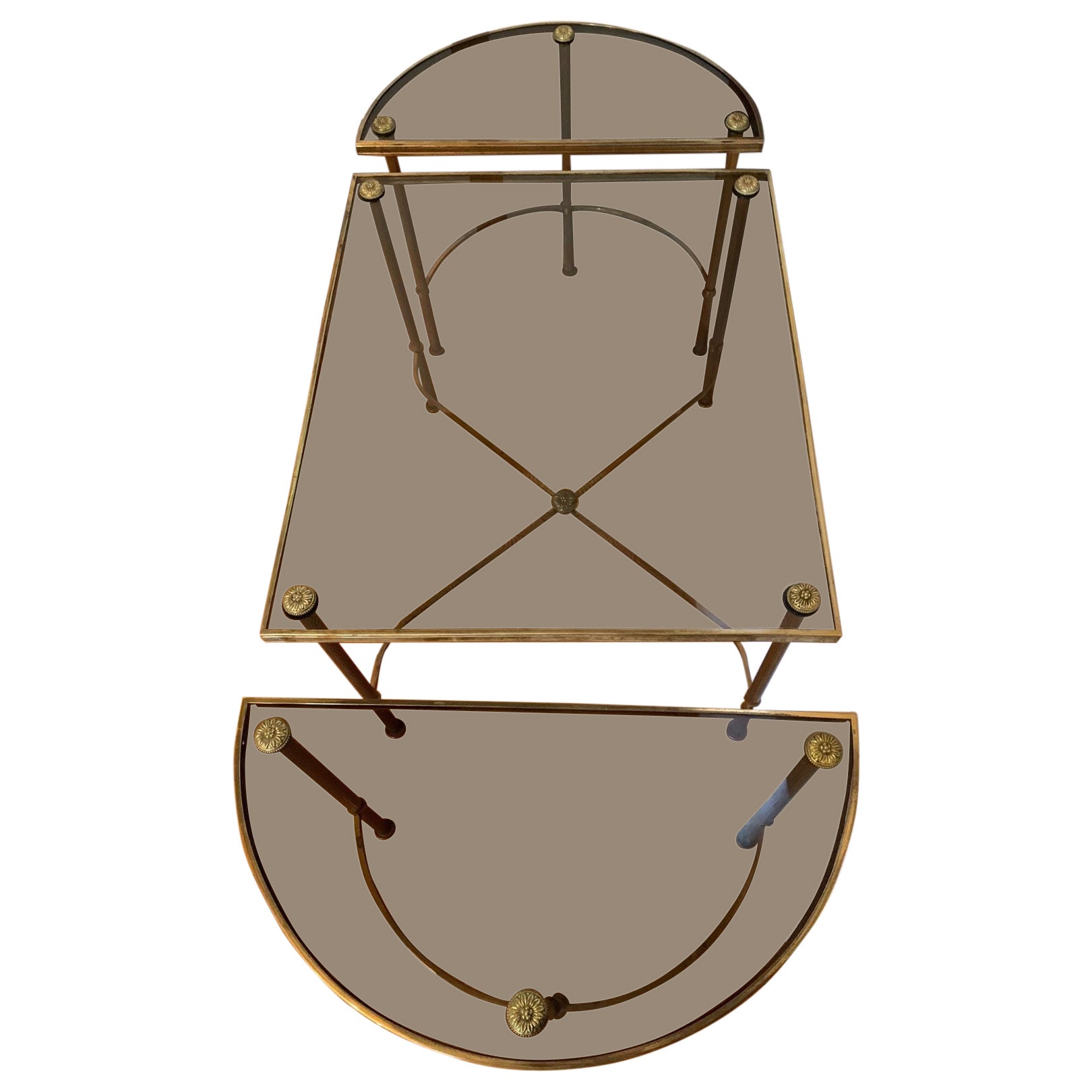 Maison Bagues Style 3-Piece Vintage Brass and Smoke Glass Coffee Table For Sale