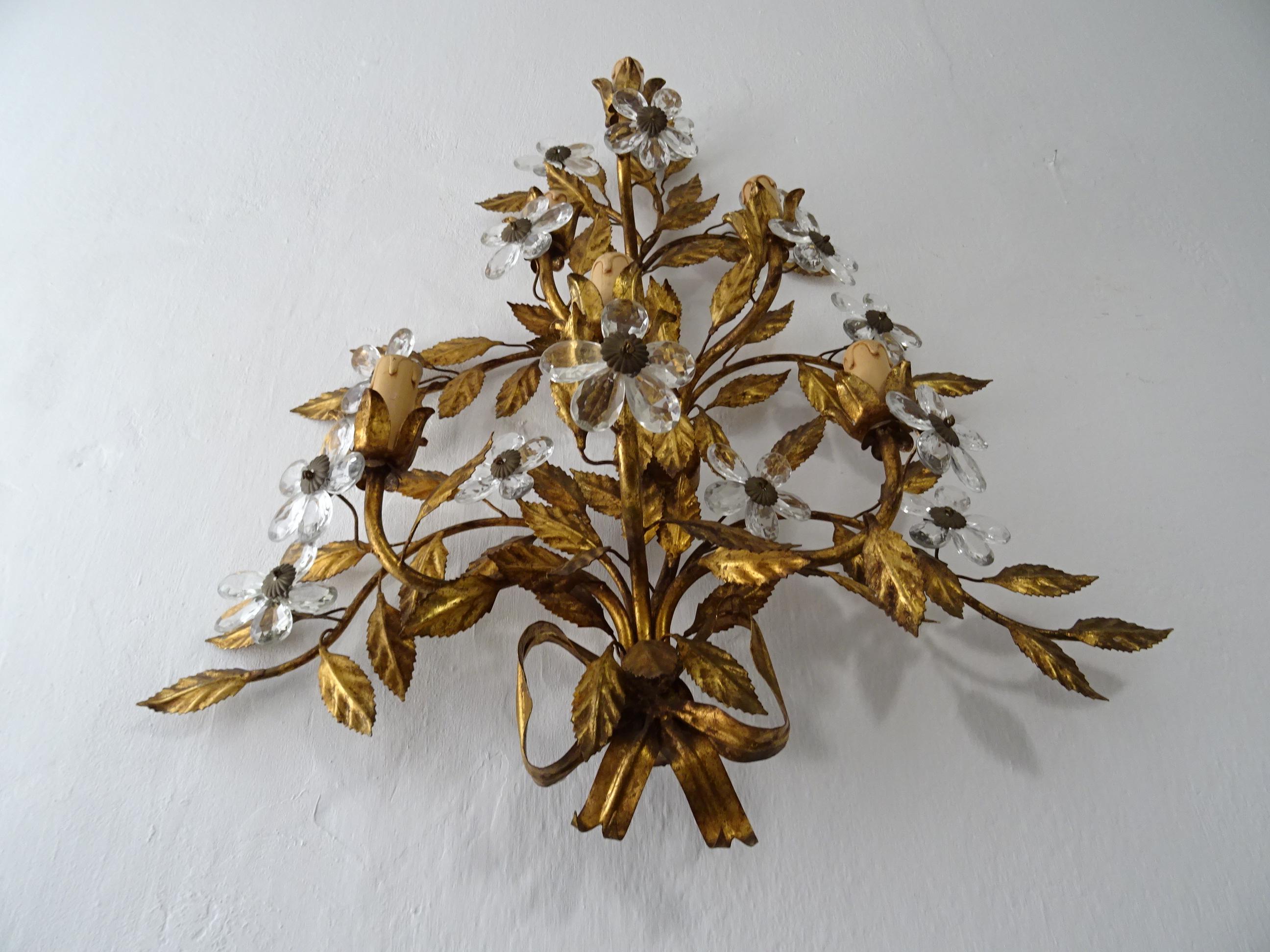 French  Maison Baguès Style 6 lights Crystal Flowers Tole Bow  Huge Sconces, circa 1920 For Sale