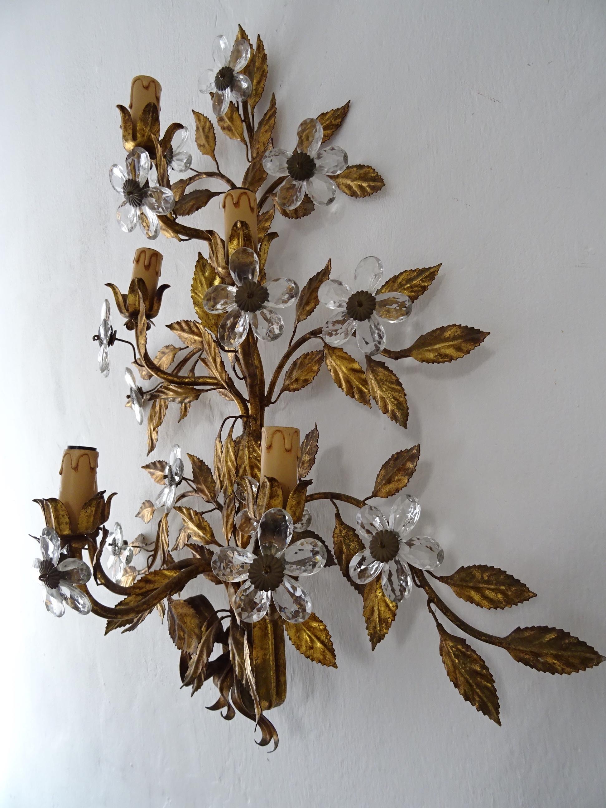  Maison Baguès Style 6 Lichter Kristall Blumen Tole Schleife  Riesige Wandleuchter, um 1920 im Zustand „Gut“ im Angebot in Modena (MO), Modena (Mo)