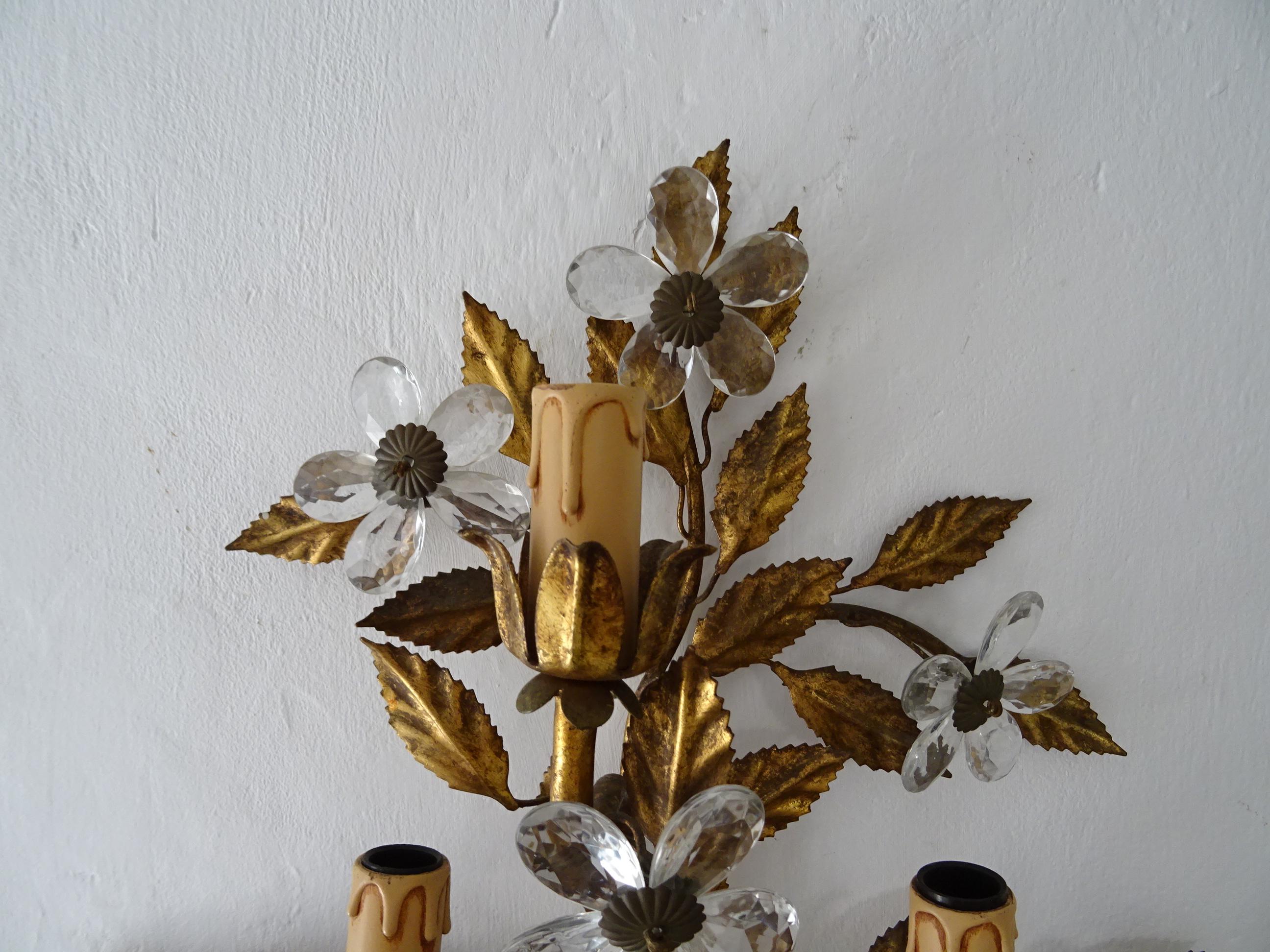  Maison Baguès Style 6 Lichter Kristall Blumen Tole Schleife  Riesige Wandleuchter, um 1920 (Mitte des 20. Jahrhunderts) im Angebot