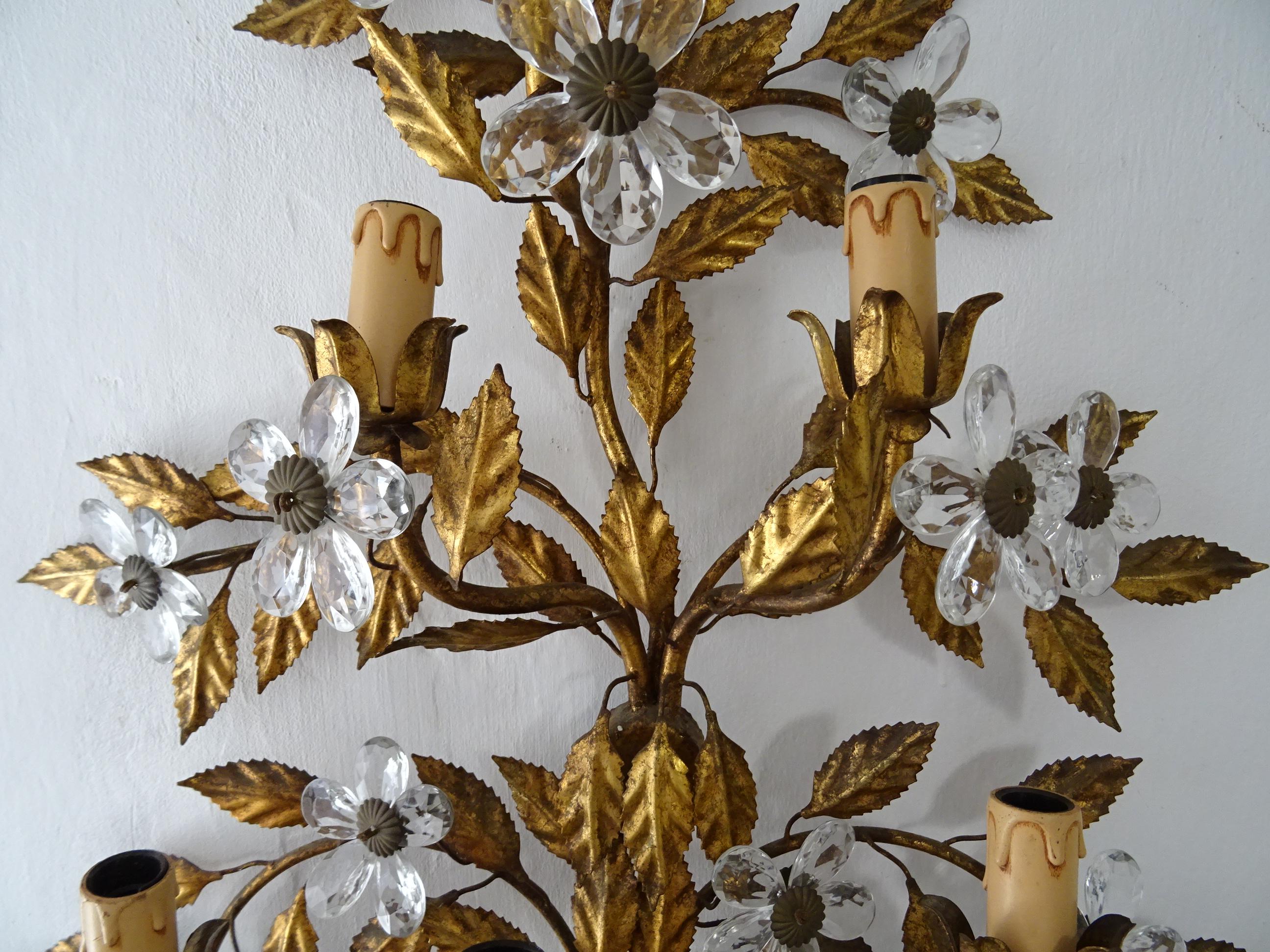 Murano Glass  Maison Baguès Style 6 lights Crystal Flowers Tole Bow  Huge Sconces, circa 1920 For Sale