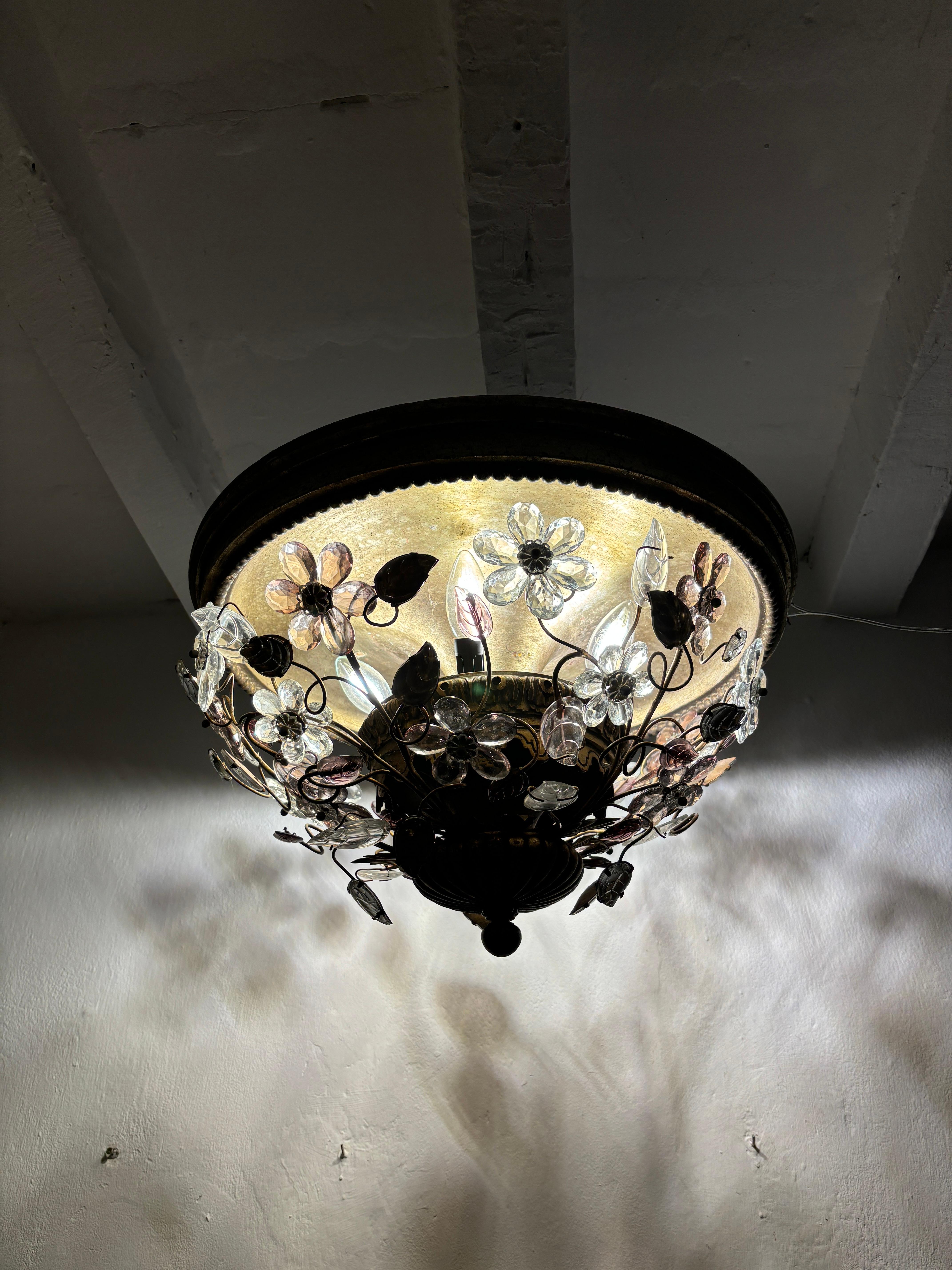 Maison Bagues Style Amethyst Flowers Leaves Flush Mount Chandelier Rare Giltwood For Sale 4