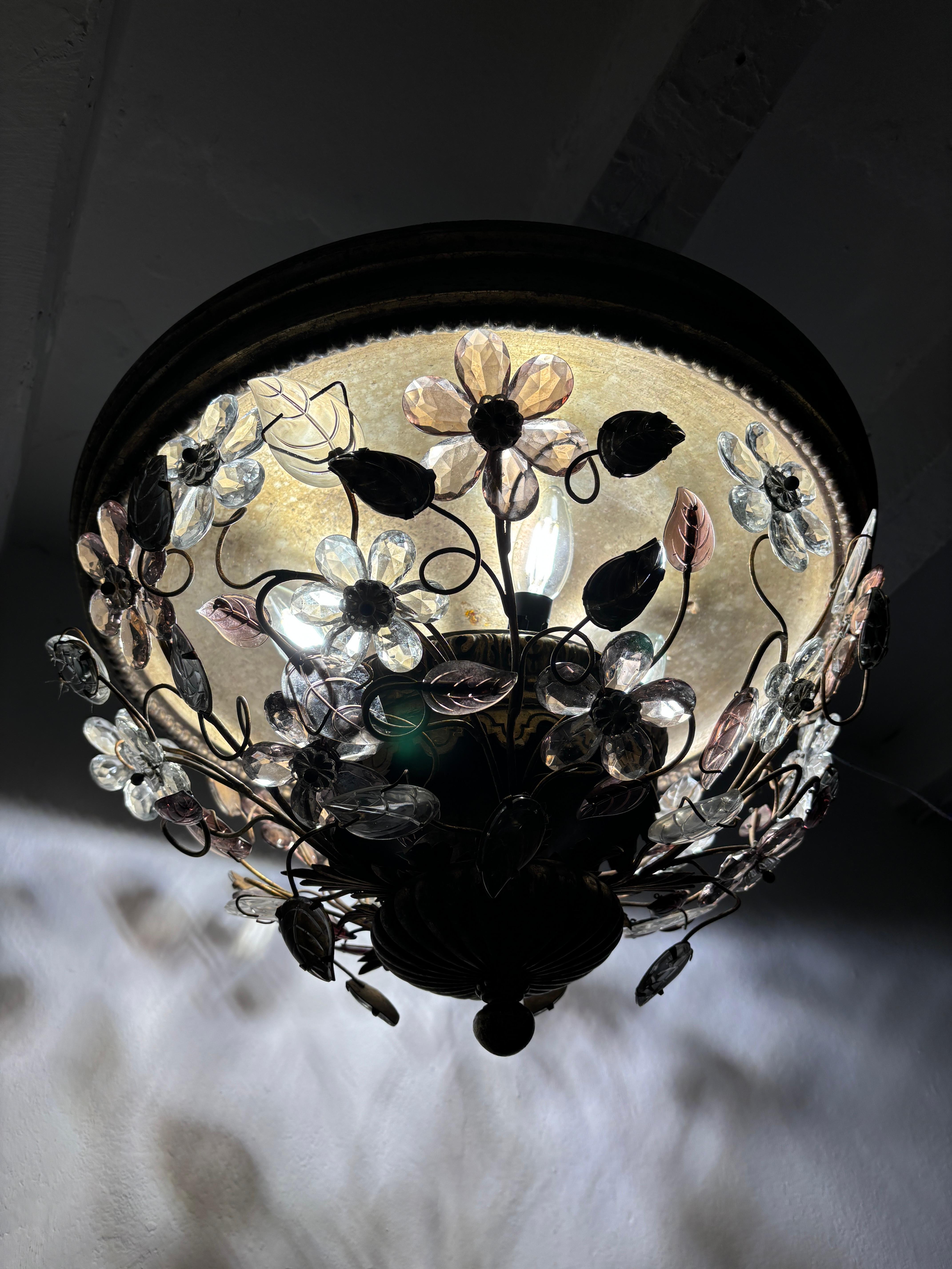 Maison Bagues Style Amethyst Flowers Leaves Flush Mount Chandelier Rare Giltwood For Sale 5