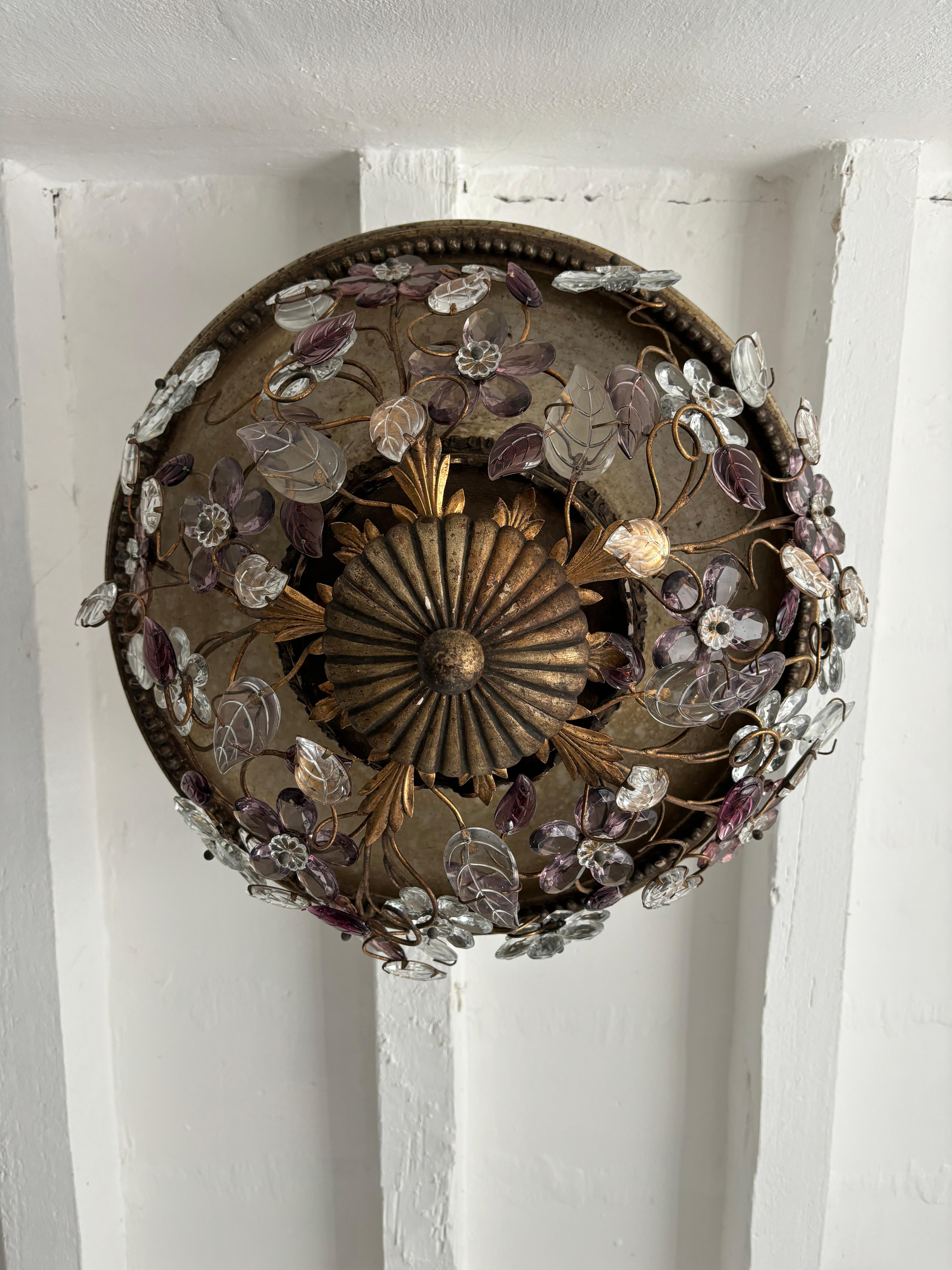 Mid-Century Modern Maison Bagues Style Amethyst Flowers Leaves Flush Mount Chandelier Rare Giltwood For Sale