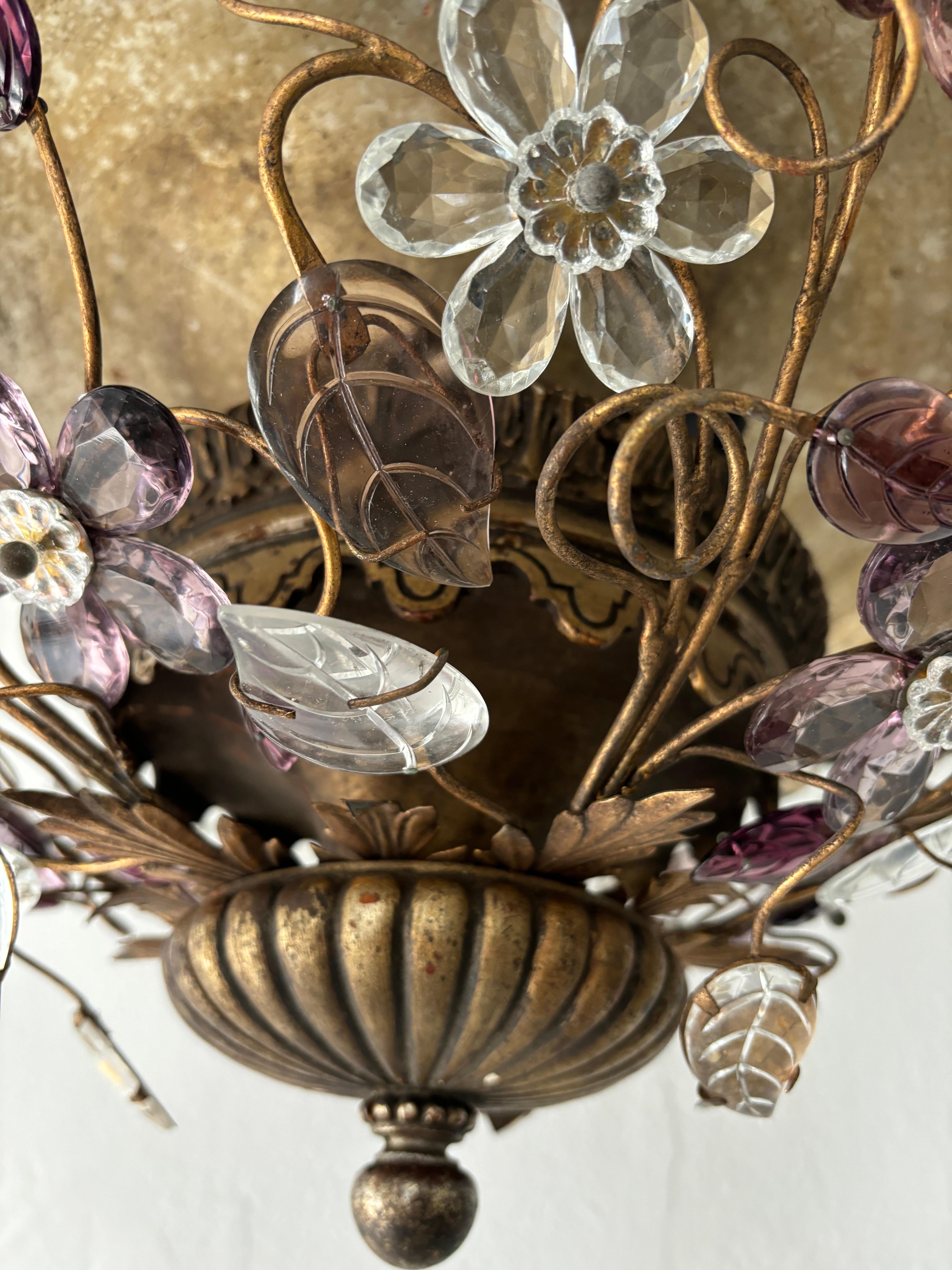 French Maison Bagues Style Amethyst Flowers Leaves Flush Mount Chandelier Rare Giltwood For Sale