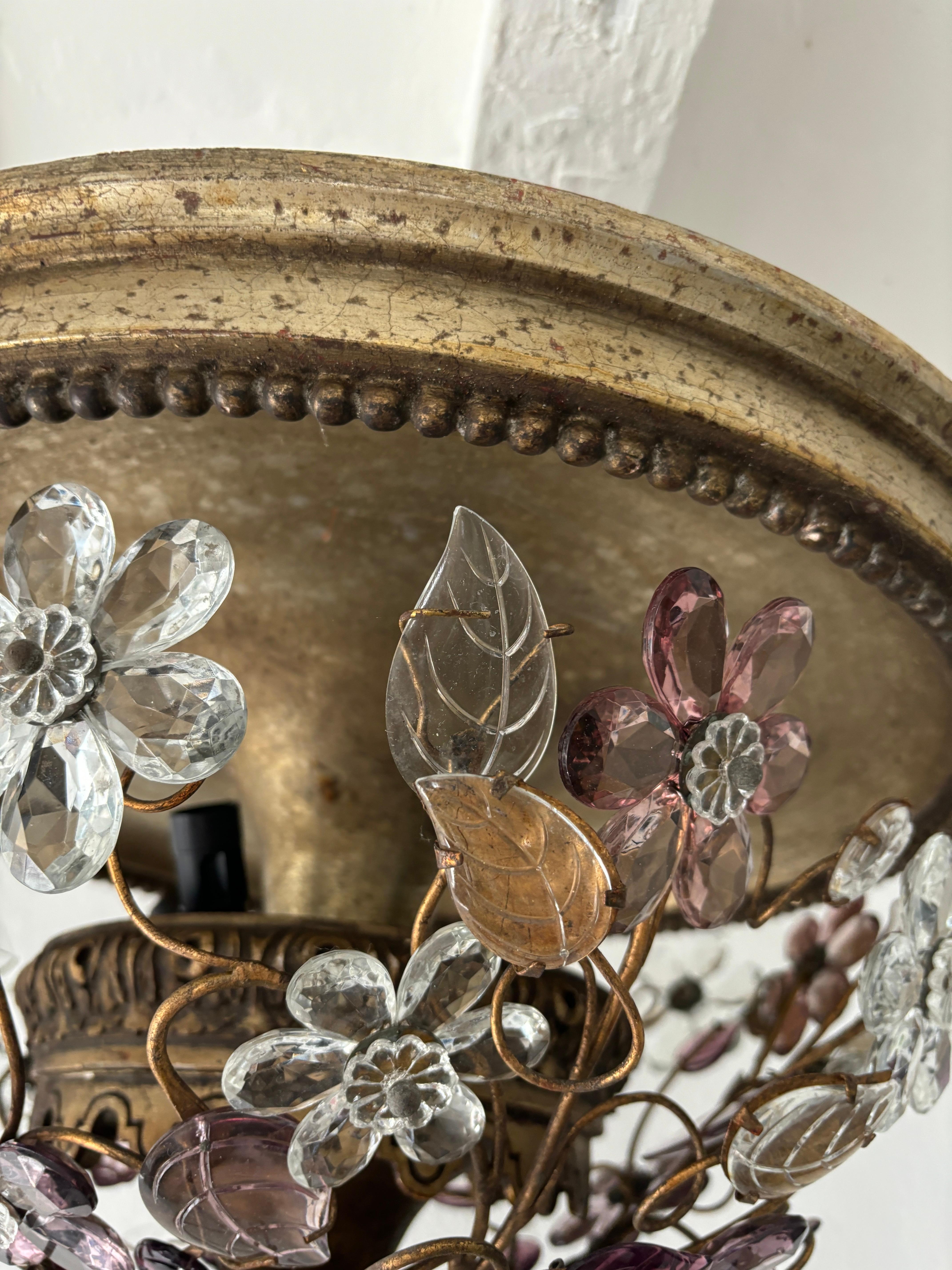 Mid-20th Century Maison Bagues Style Amethyst Flowers Leaves Flush Mount Chandelier Rare Giltwood For Sale