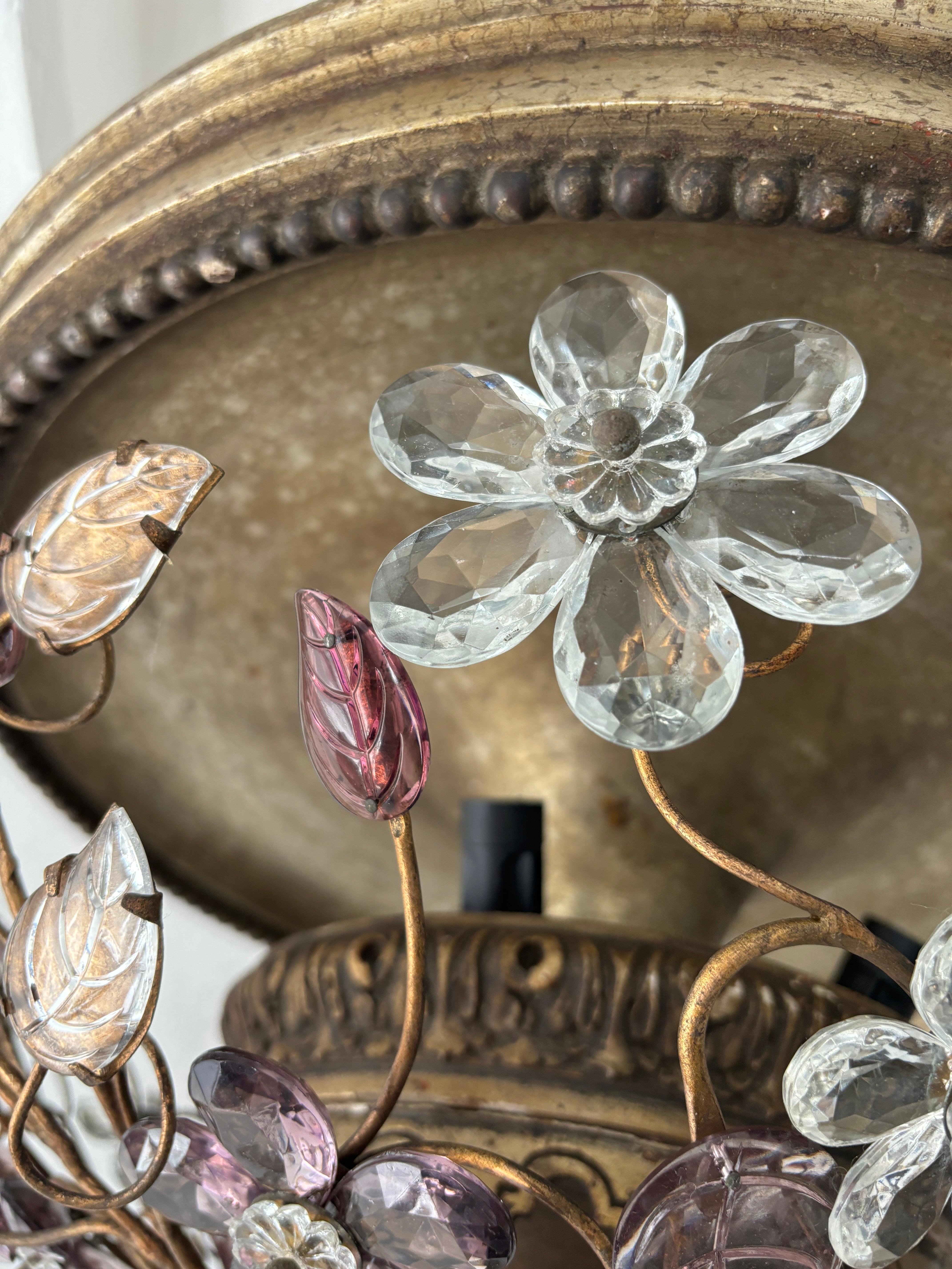 Crystal Maison Bagues Style Amethyst Flowers Leaves Flush Mount Chandelier Rare Giltwood For Sale