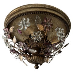 Maison Bagues Style Amethyst Flowers Leaves Flush Mount Chandelier Rare Giltwood