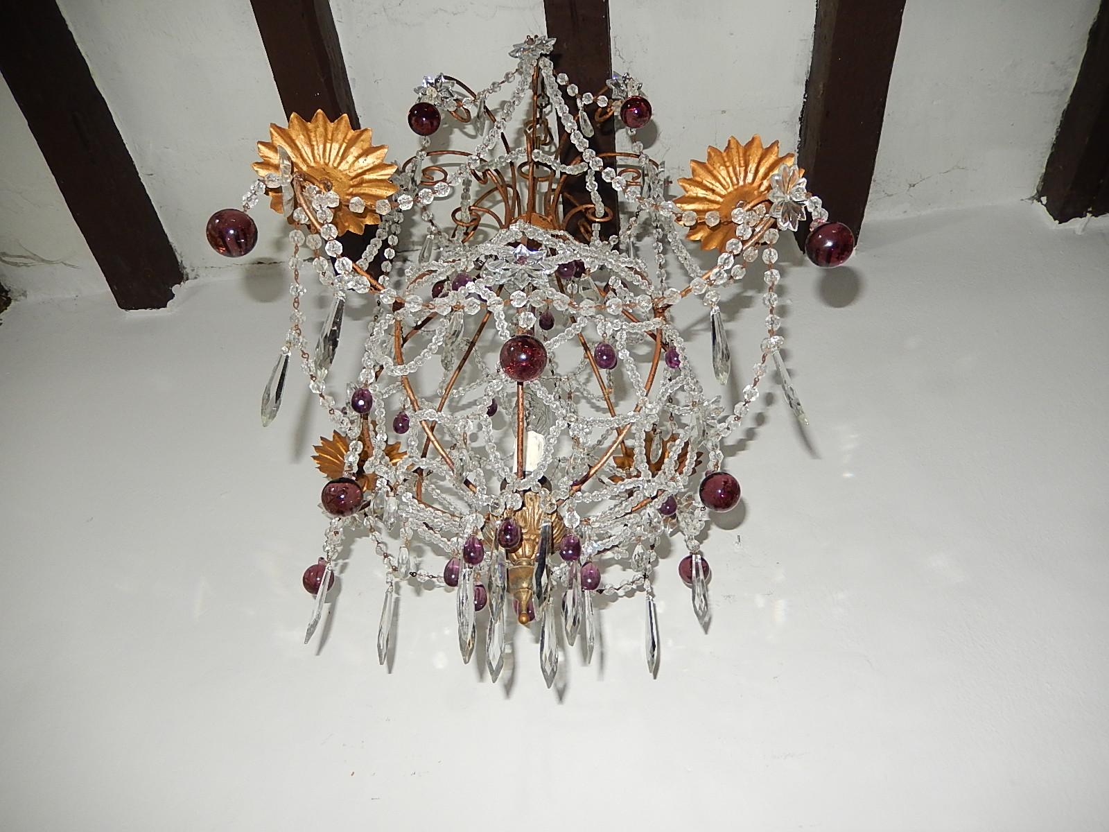 Maison Bagues  Amethyst French Beaded Balloon Crystal Chandelier circa 1940 In Good Condition For Sale In Firenze, Toscana
