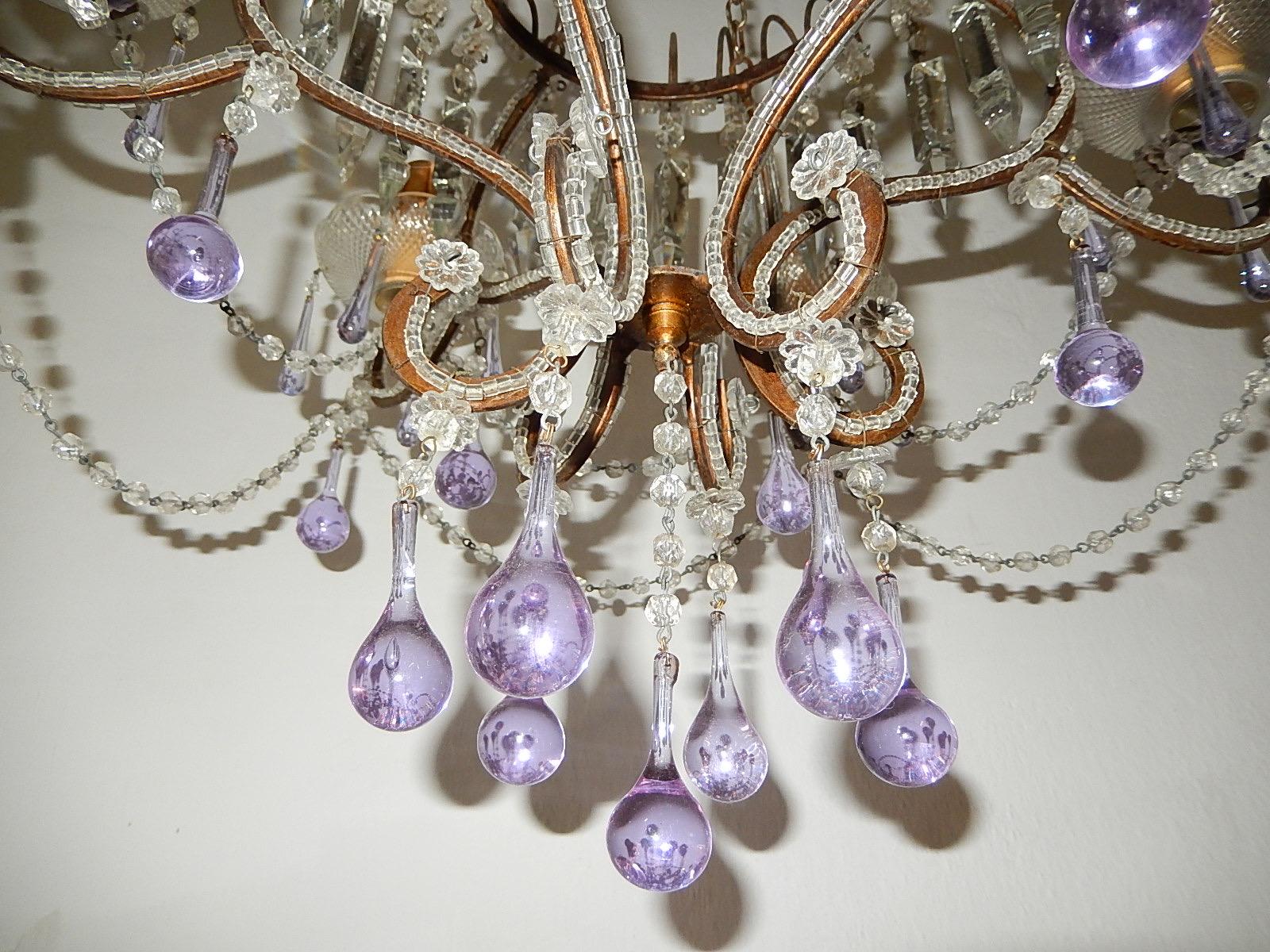 French Maison Baguès Style Beaded Crystal Basket Lavender Purple Drops Chandelier For Sale
