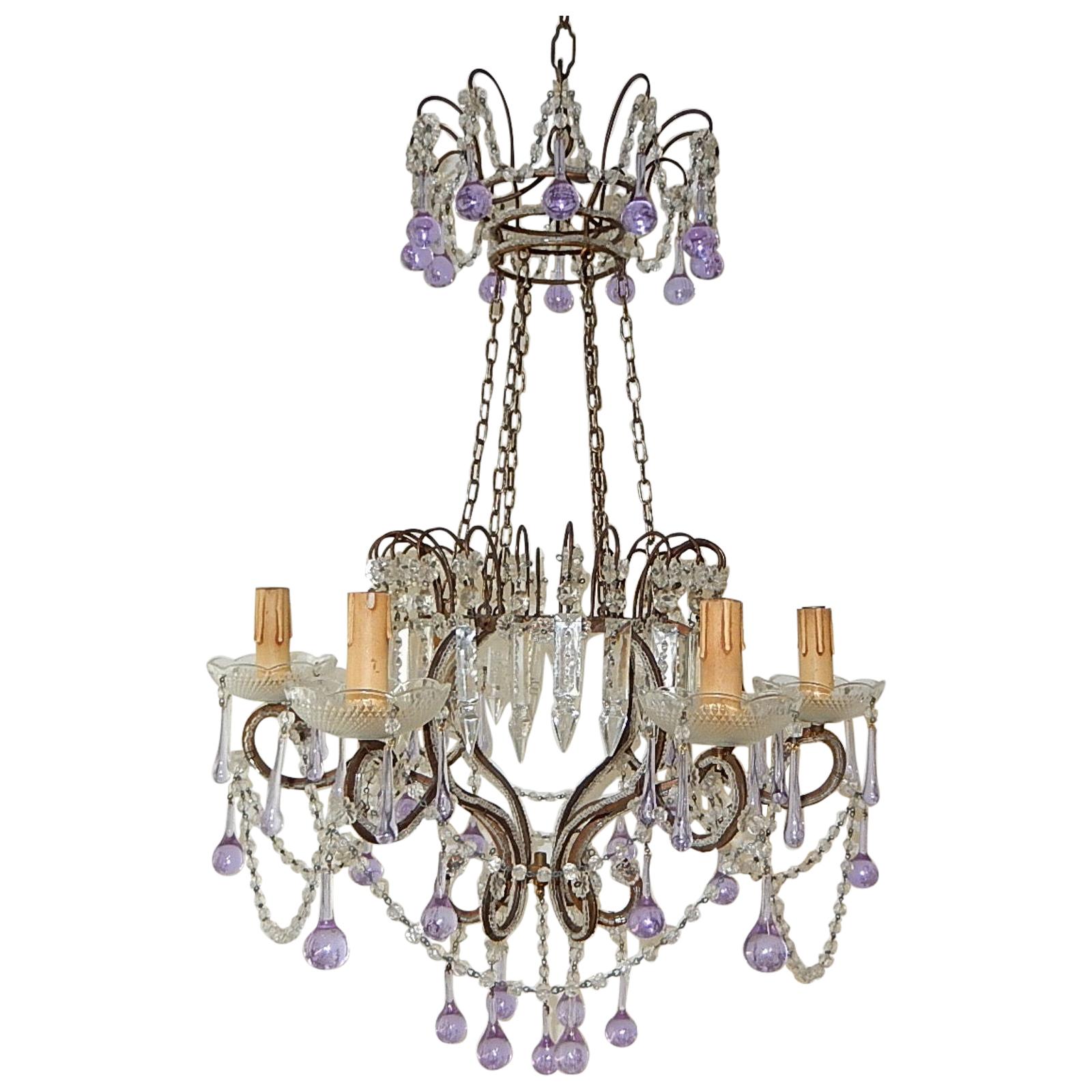 Lustre panier en cristal perlé de style Maison Bagus avec gouttes lavande et violette
