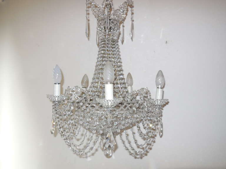 French Maison Baguès Style Beaded Crystal Basket Silver Chandelier For Sale