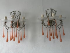 Maison Bagues Style Beaded Murano Pink Opaline Drops Sconces Rare c 1920
