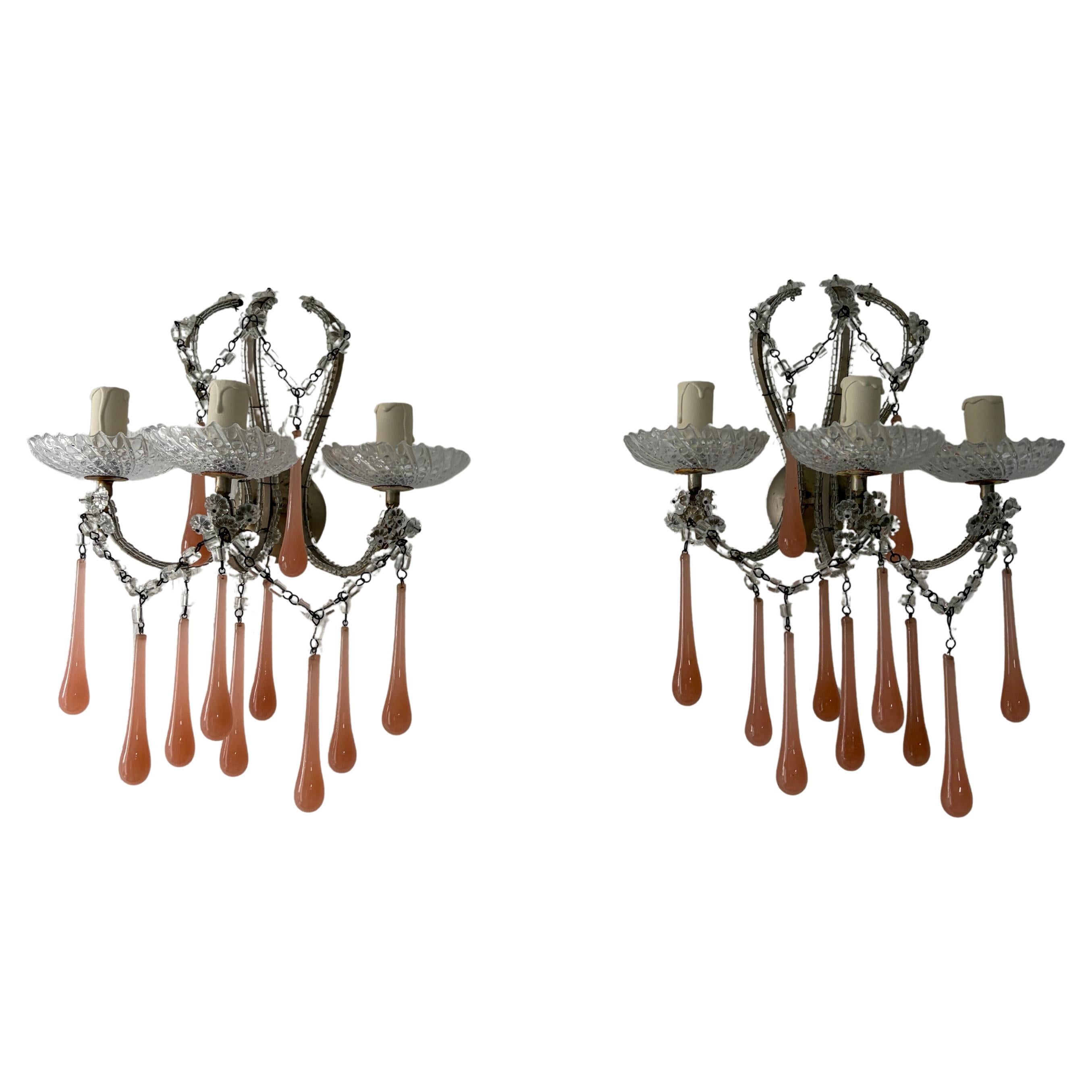 Maison Bagues Style Beaded Murano Pink Opaline Drops Sconces Rare c 1920 For Sale