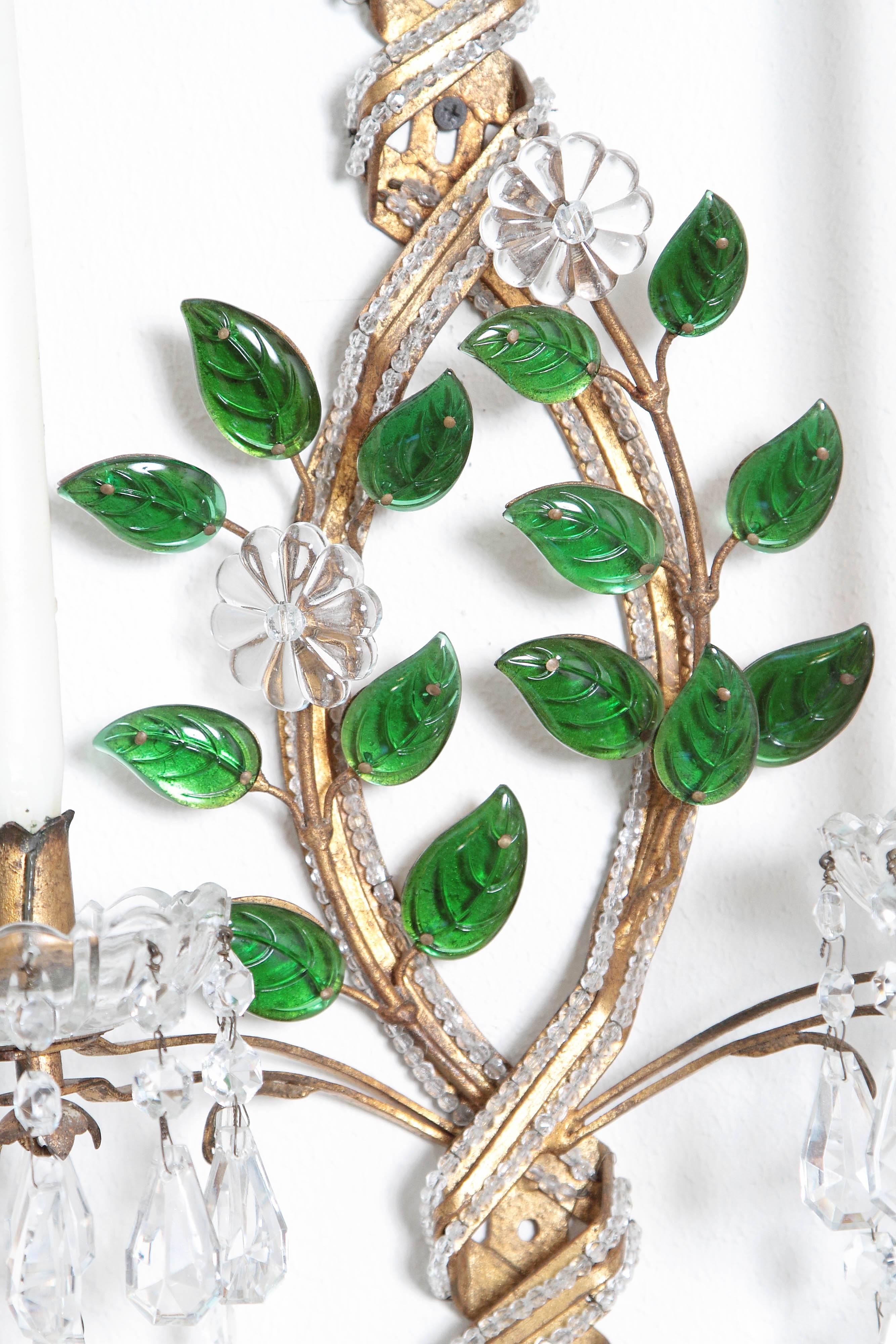 Maison Baguès Style Beaded Sconces with Green Leaves 3