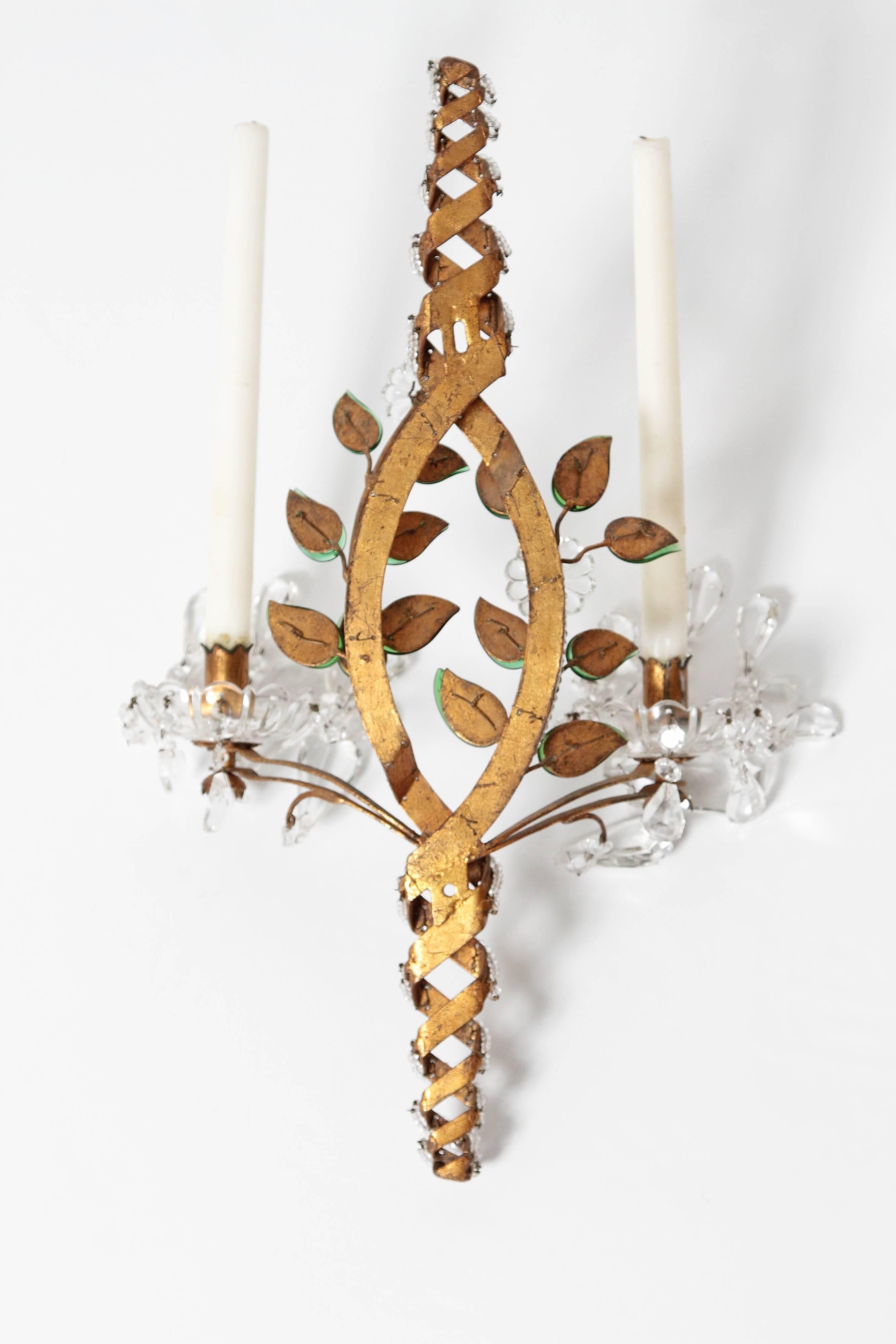 Maison Baguès Style Beaded Sconces with Green Leaves 5
