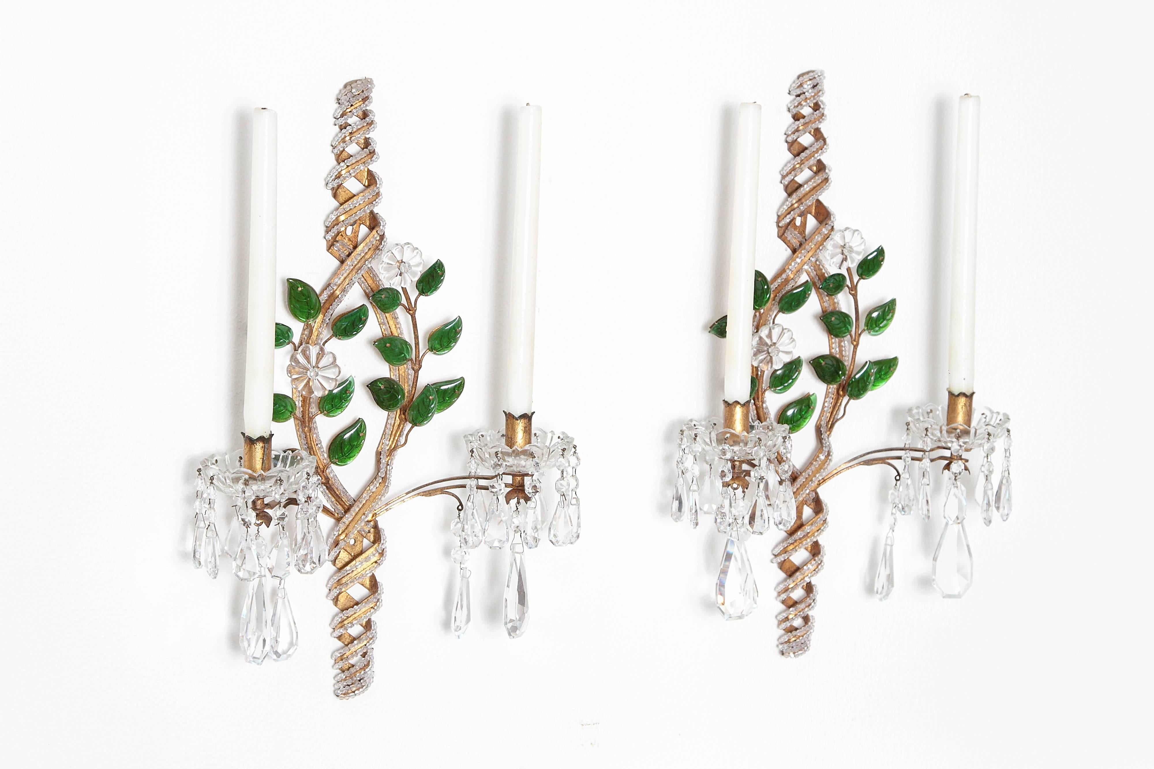 Neoclassical Maison Baguès Style Beaded Sconces with Green Leaves