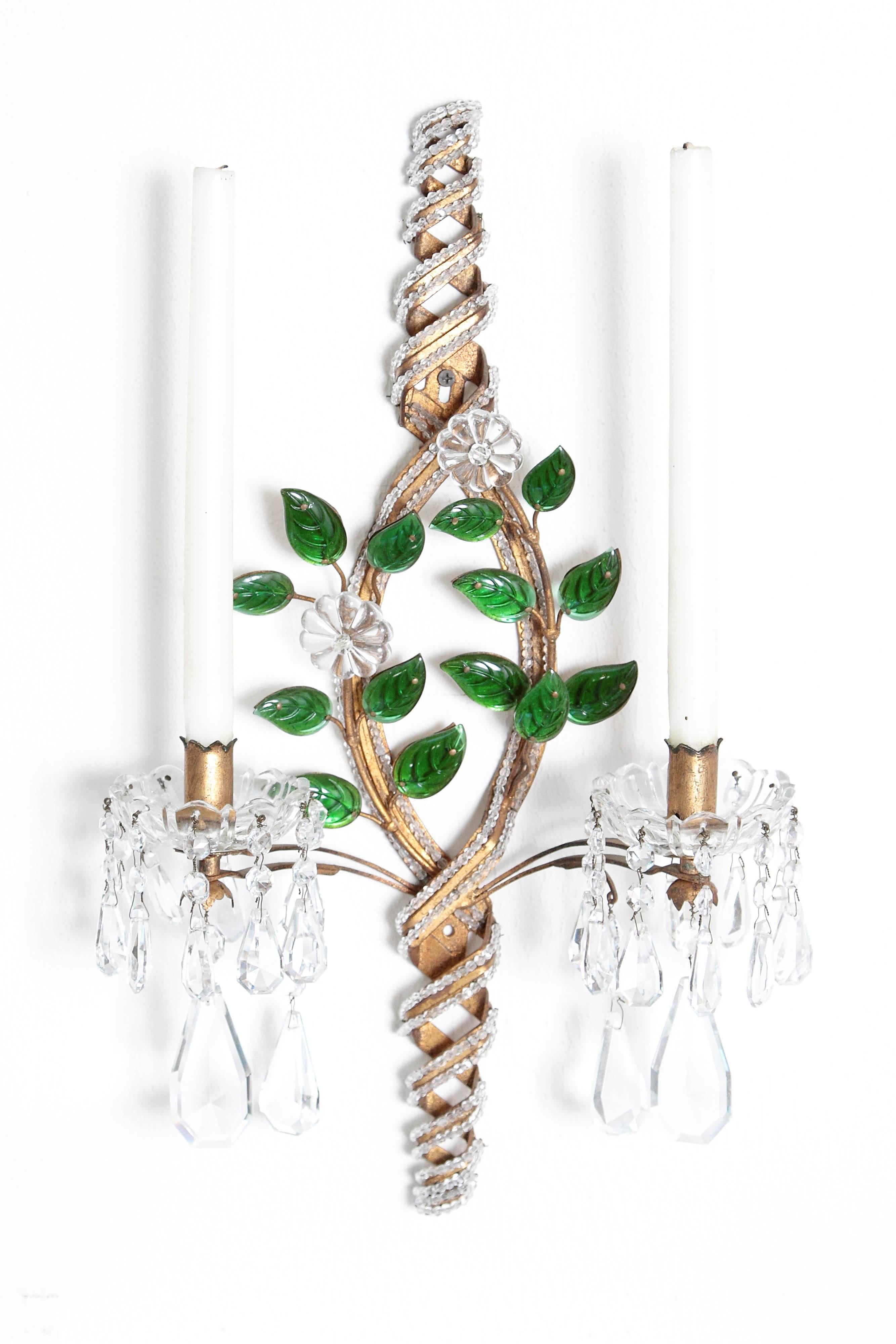 French Maison Baguès Style Beaded Sconces with Green Leaves