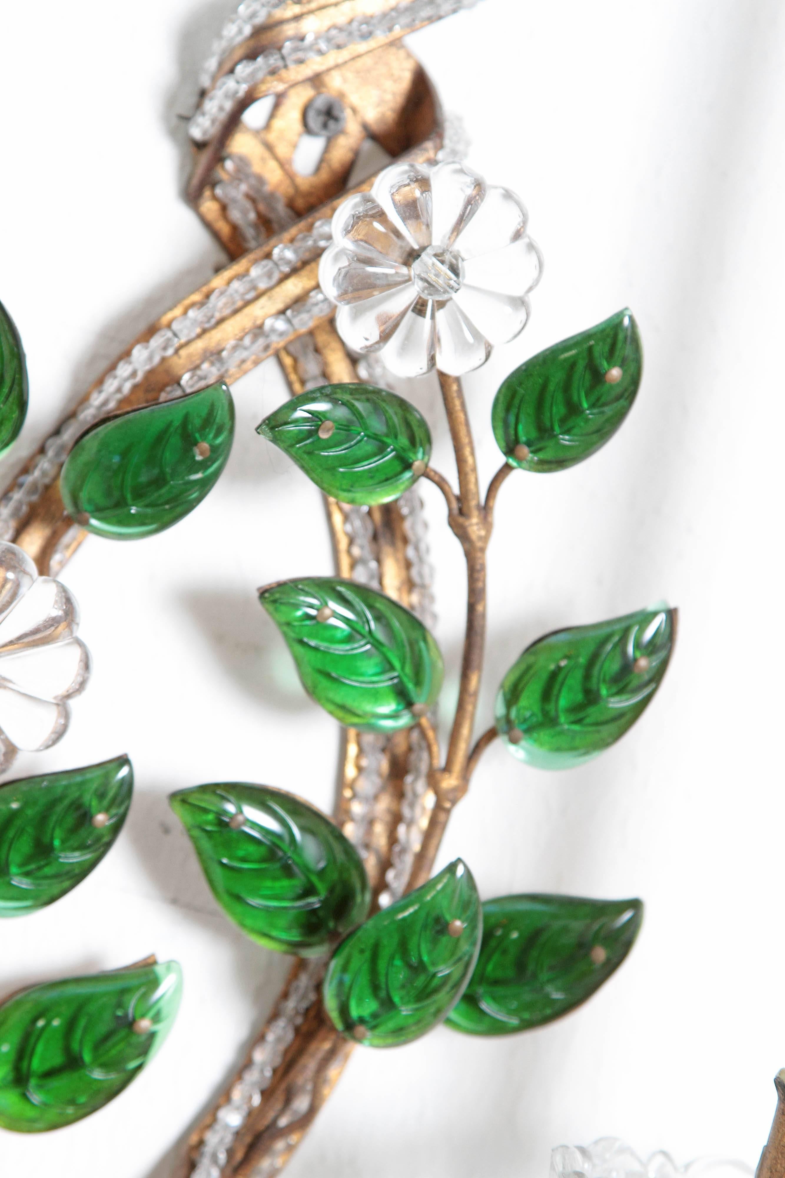 20th Century Maison Baguès Style Beaded Sconces with Green Leaves