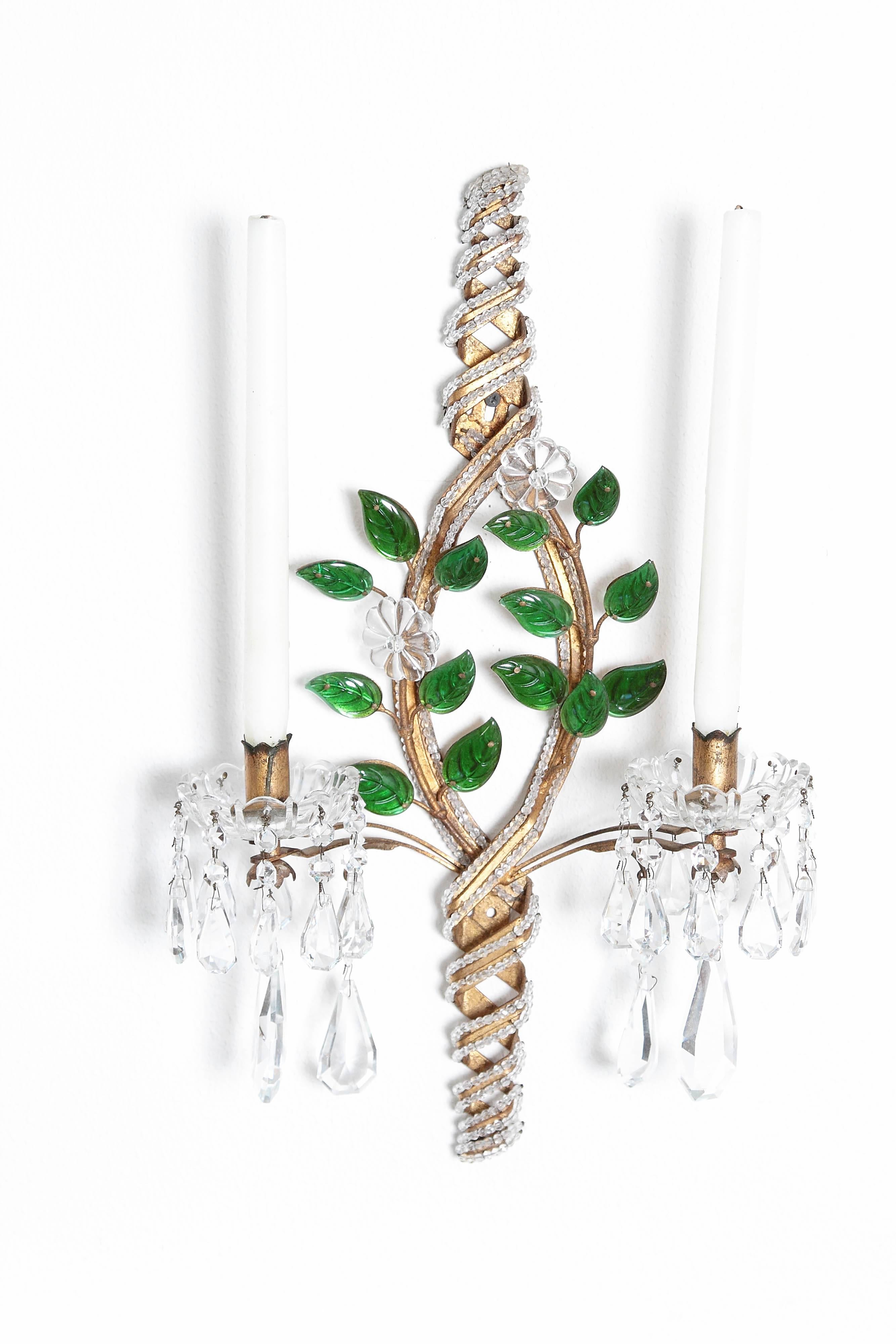 Maison Baguès Style Beaded Sconces with Green Leaves 1