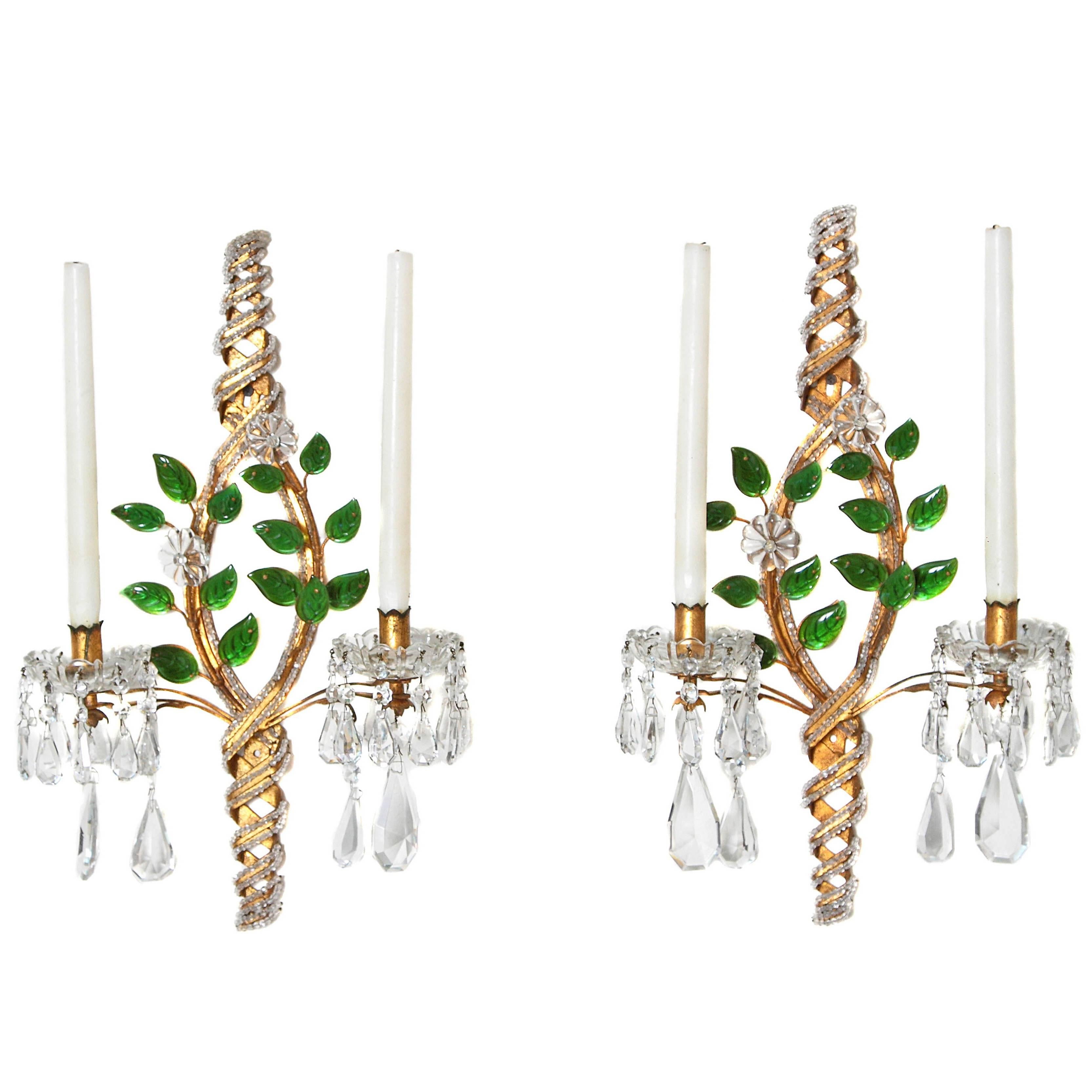 Maison Baguès Style Beaded Sconces with Green Leaves