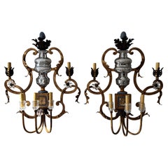 Maison Bagues Style Blue & Gold Crystal Flowers Huge French Sconces, c1940