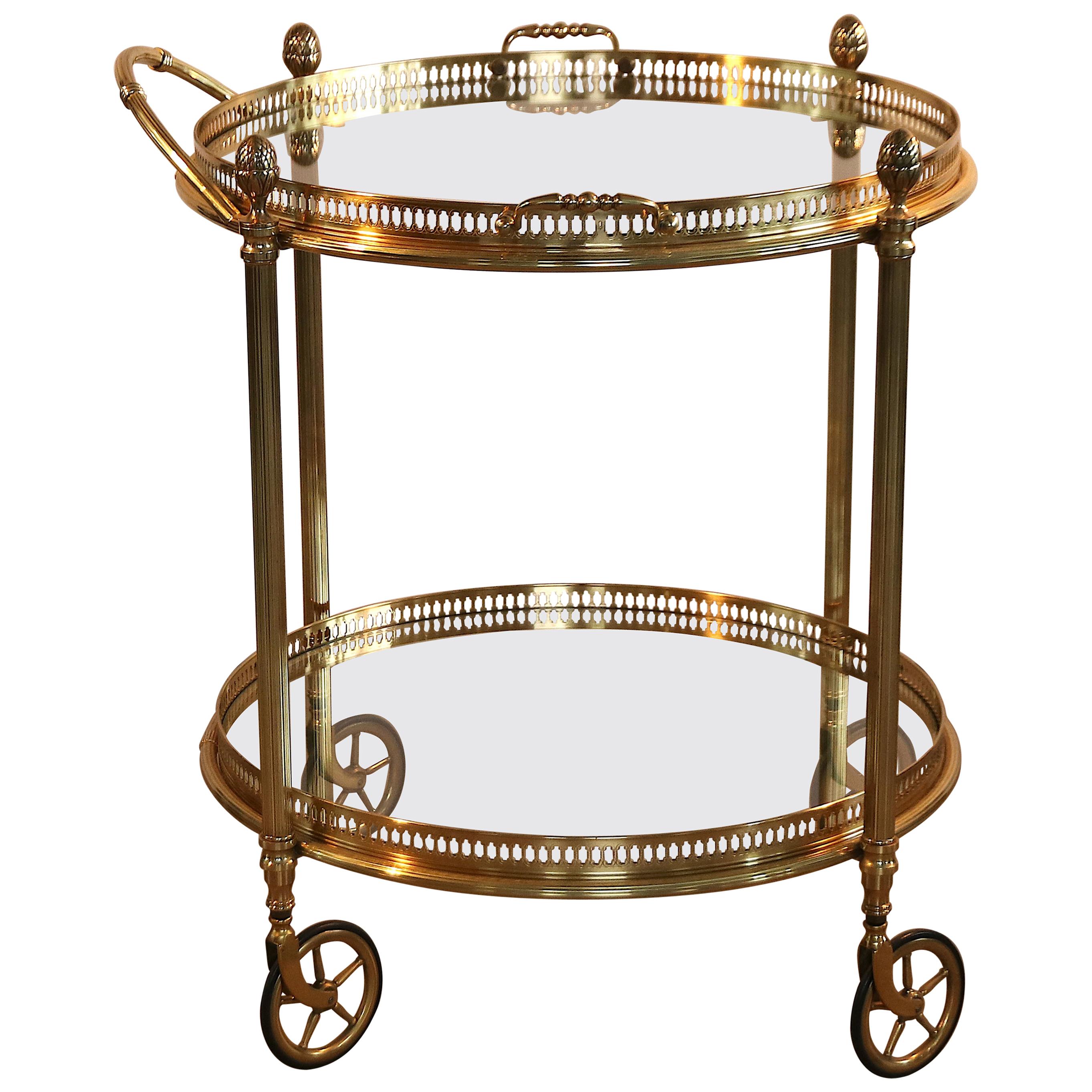 Maison Baguès Style Brass and Glass 2-Tier Bar Cart Trolley Dry Bar on Casters