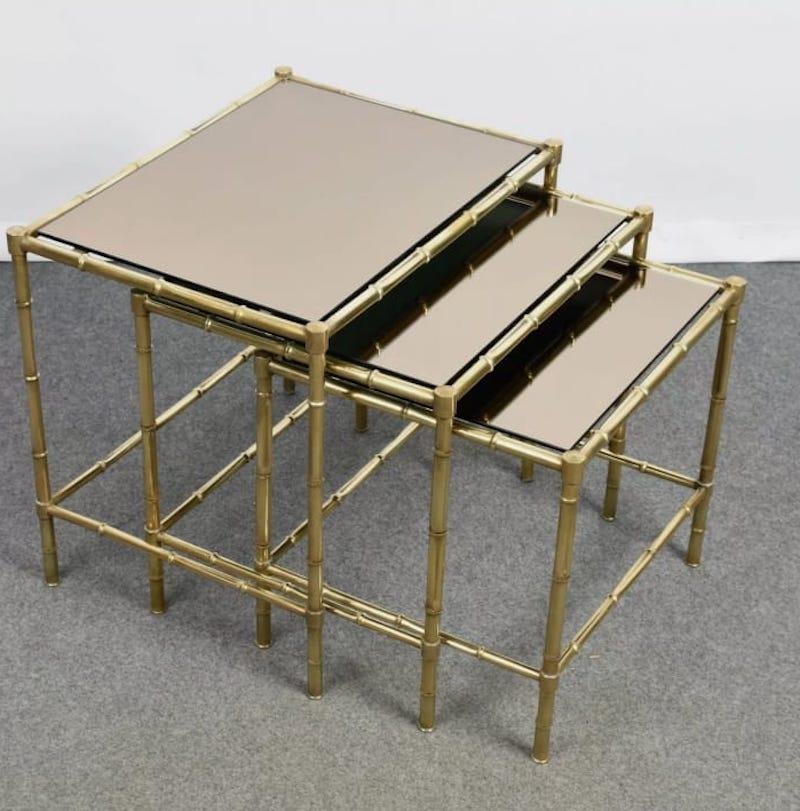 French Maison Baguès Style Brass Faux Bamboo Legs Small Tables Set
