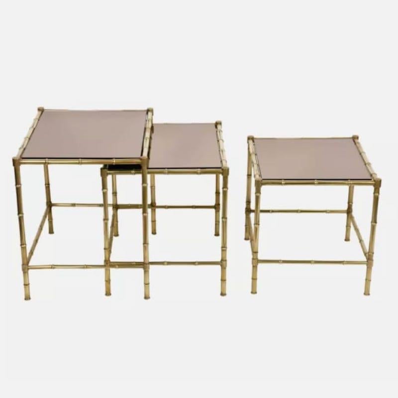 Maison Baguès Style Brass Faux Bamboo Legs Small Tables Set 2